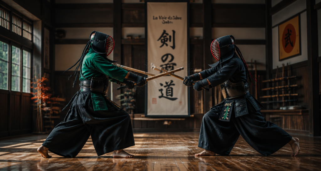 Kendo sport, combat de deux kendokas en dojo