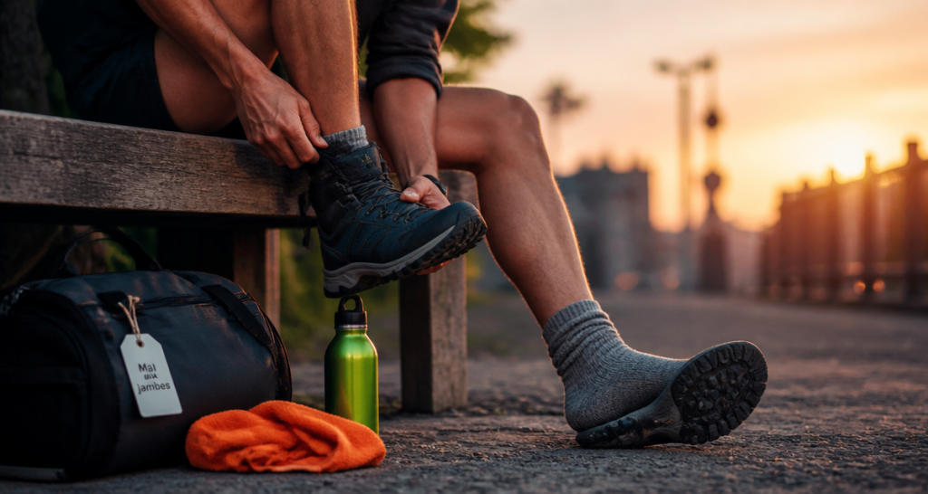 mal aux jambes apres avoir beaucoup marche homme retire chaussures