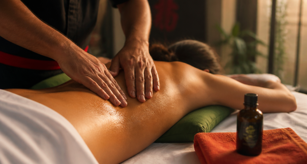 Massage du bas du dos mains huile ambiance détente