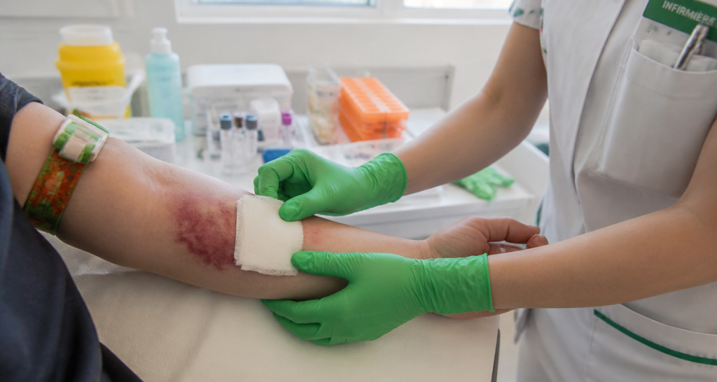 prise de sang mal faite conséquence bras avec ecchymose