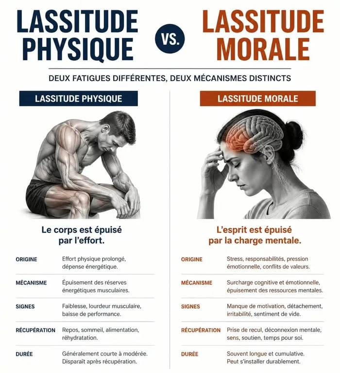 Infographie comparant la lassitude physique et la lassitude morale pour mieux comprendre la définition de la lassitude