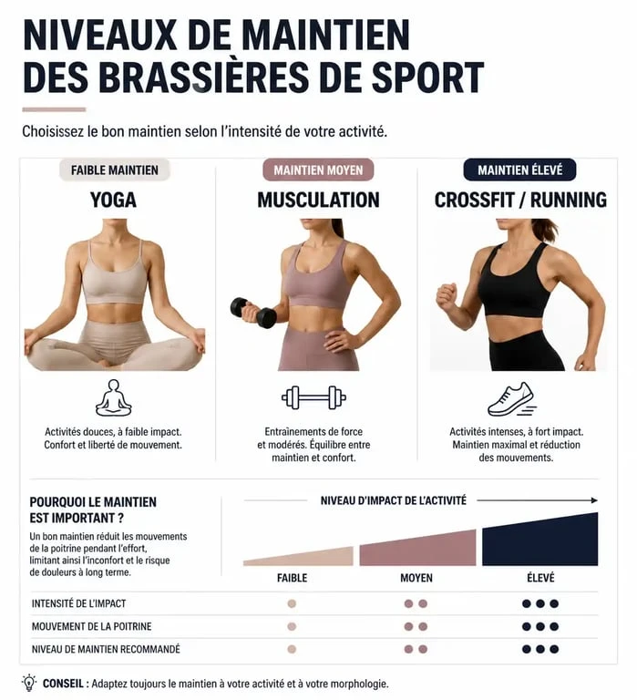 Infographie des niveaux de maintien pour tenue salle de sport femme