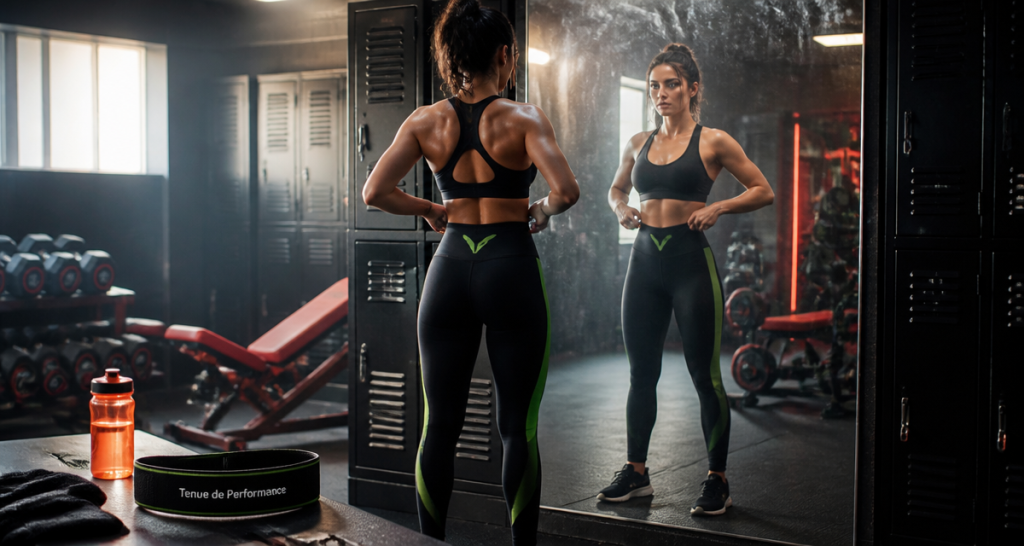 tenue salle de sport femme legging noir vert miroir