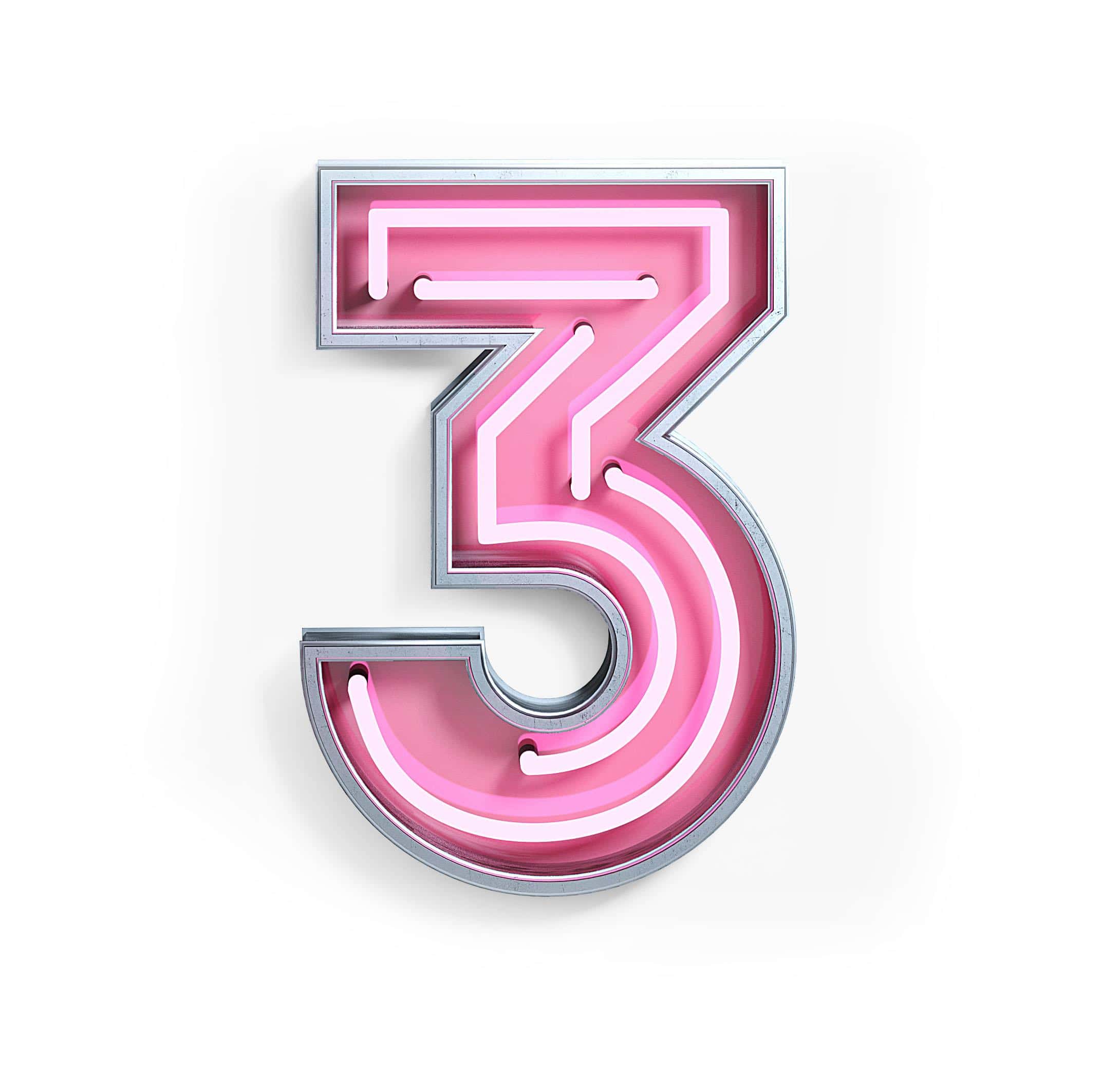 Bright Neon Font with fluorescent pink tubes. Number 3. Night Show Alphabet. 3d Rendering Isolated on White Background.