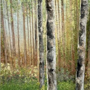 A painting of Birch trees in Summer, 45 x 20 x 3 inches, 2950.00.