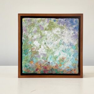 Available, July 2025. An abstract painting in a Chrysanthemum Garden. 7 x 7 x 1 inches. Maple frame.
