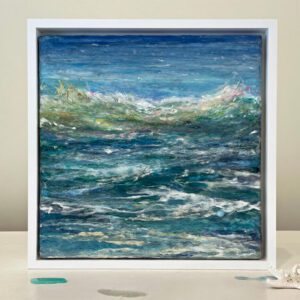 Available, July, 2025. Abstract seascape painting with blue and green hues.