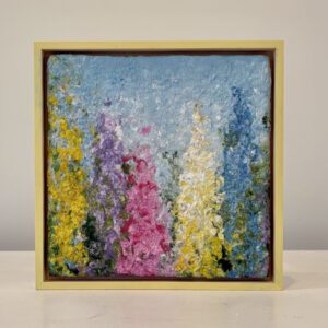 Lupine Garden, yellow maple floater frame, 9 x 9 x 1 inches