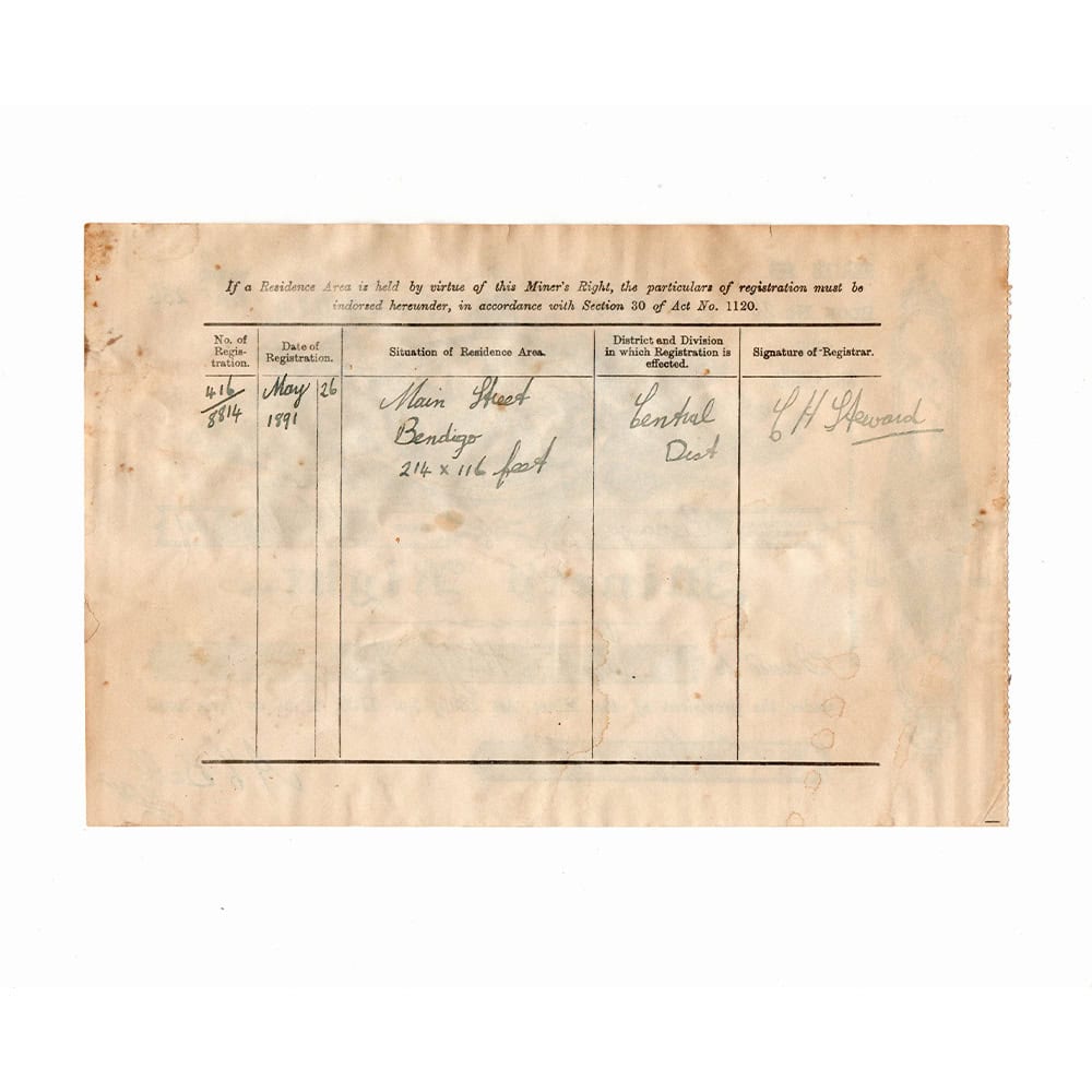 1891 #39 Colony of Victoria #39 Miner #39 s Right Certificate