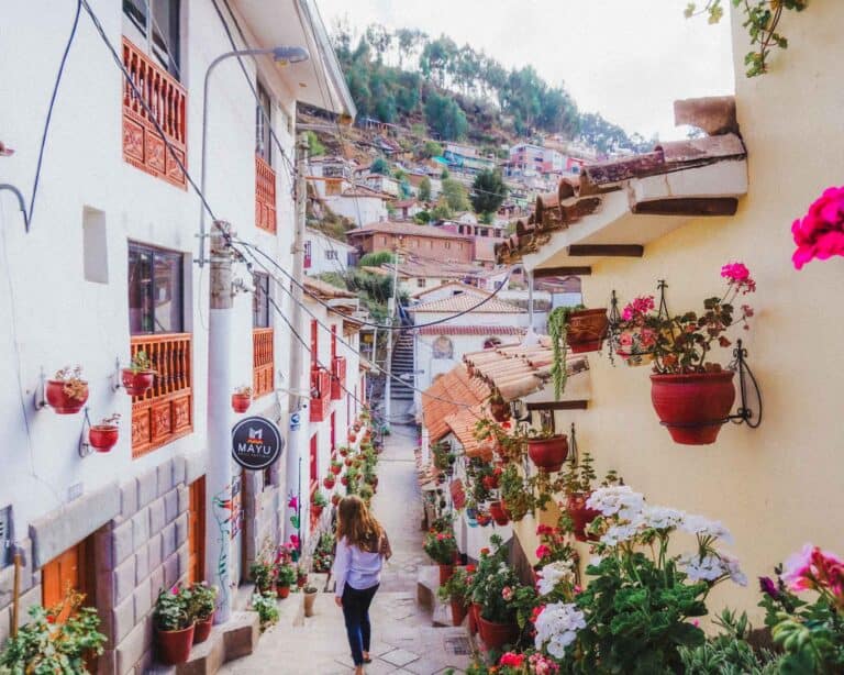 C. Siete Borreguitos is one of the most instagrammable places in Cusco. This street is located in San Blas, and is lined with white-washed stone houses lined with colorful flower pots. San Blas is a beautiful area of the city, known for its cultural and hipster vibes. It's also a great place to stay if you're on a budget!