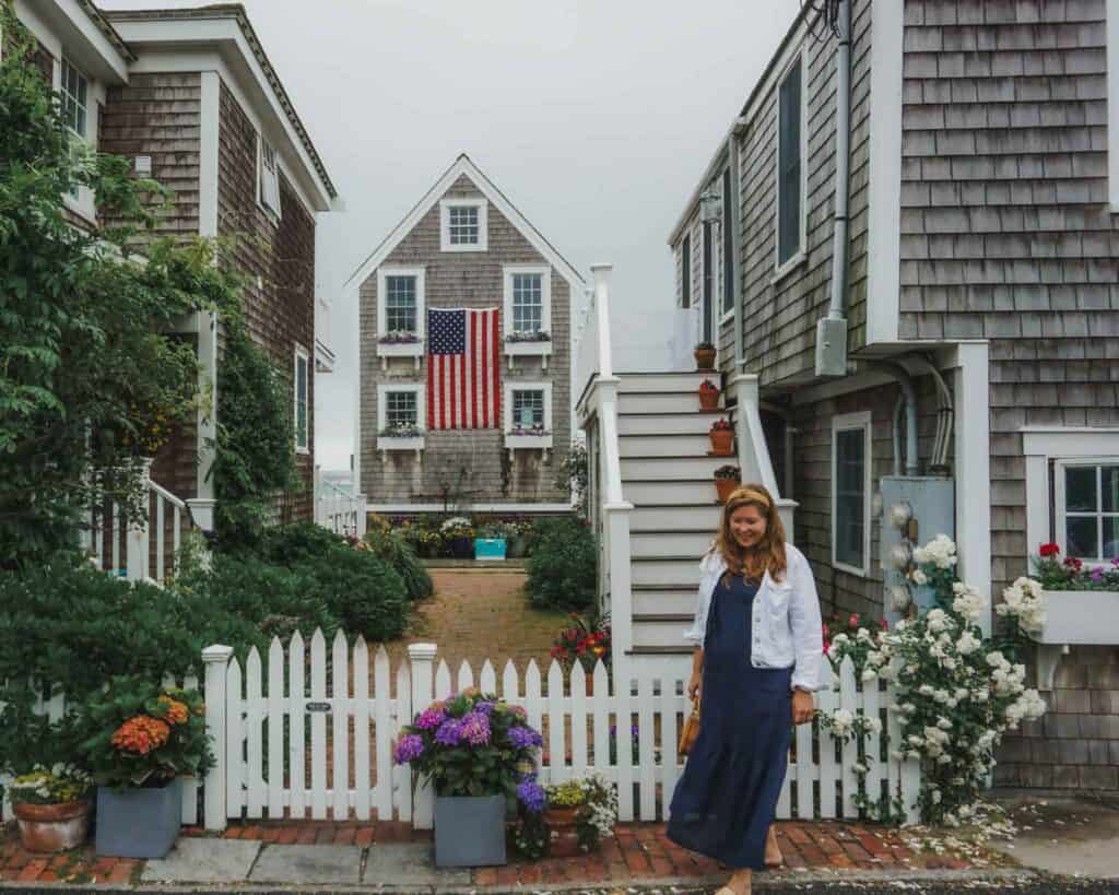 Provincetown, Cape Cod has some of the most beautiful and historic neighborhoods on Cape Cod. This popular house on Commercial Street always is decorated with hydrangeas and a patriotic American flag all summer.