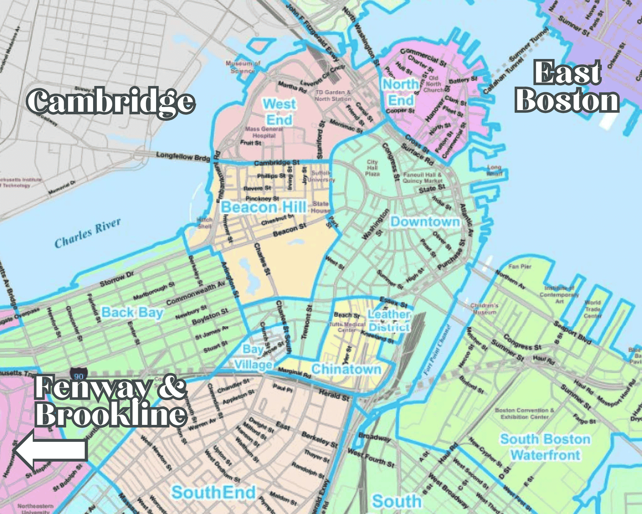 This is a map of central Boston of all of the best neighborhoods to stay in Boston. It also includes street names if you're wondering where a specific hotel is located.
