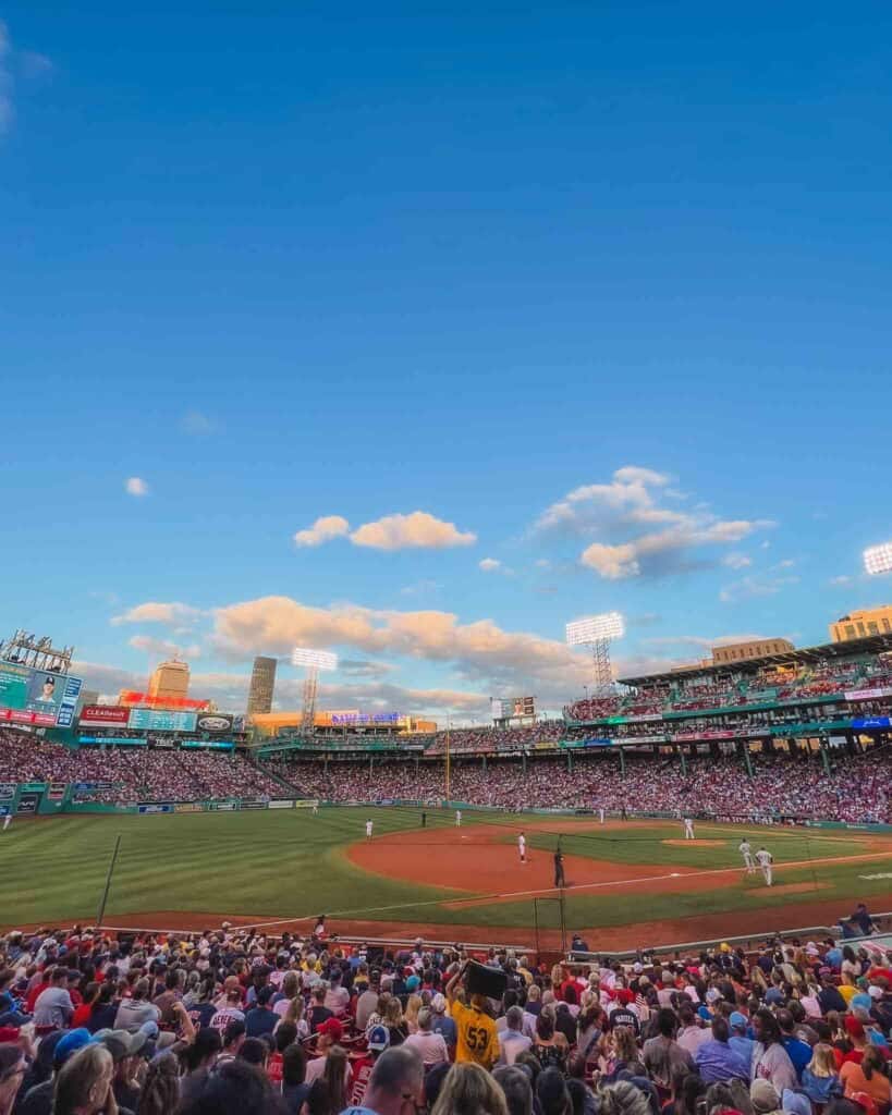 This is a view of the inside of Fenway Park, and if you're coming to Boston for your first time it's one of the best things to do. This ballpark is intimate unlike others in the Major League, and its location even overlooks the city's skyline.