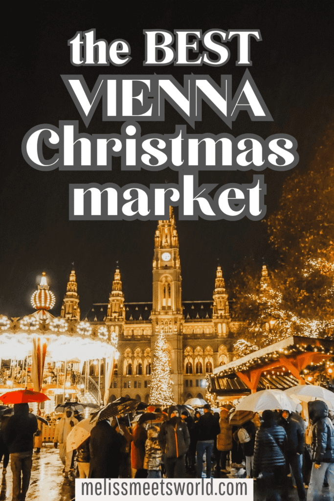 Vienna Christmas markets are so beautiful, and even open on Christmas Eve and Christmas Day! This market Christkindlmarkt on the Rathausplatz is Vienna's largest and most popular markets. It's easy to understand why as this setting with the incredible Viennese architecture as a backdrop, a beautifully lit Christmas tree, a carousel, and additional decorations. This photo features the market at night with a bit of rainfall, which makes the Christmas lights really pop to make it appear extra magical.