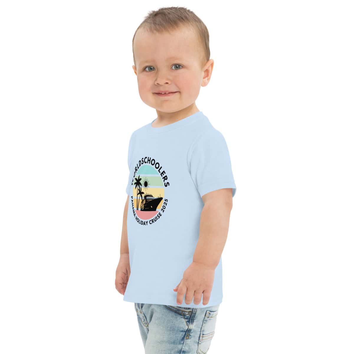 Colorful tropical-themed graphic tee for kids featuring palm trees and sunset, perfect for summer vacations and holiday cruises. Stylish and comfortable apparel from Melody Lane.