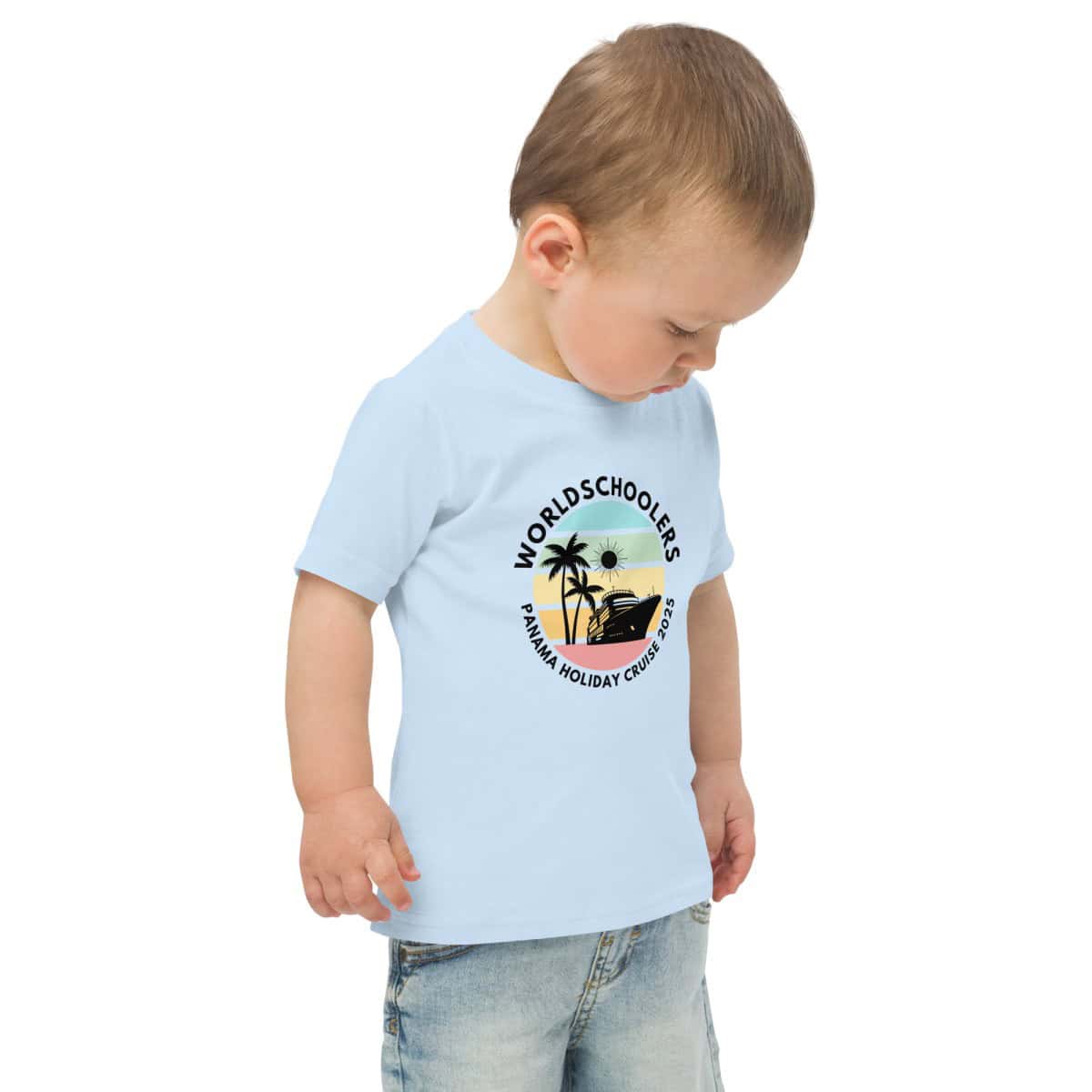 Bright blue kids' T-shirt with a tropical cruise design, featuring palm trees, a cruise ship, and sunny sunset, perfect for children's holiday and vacation-themed fashion.