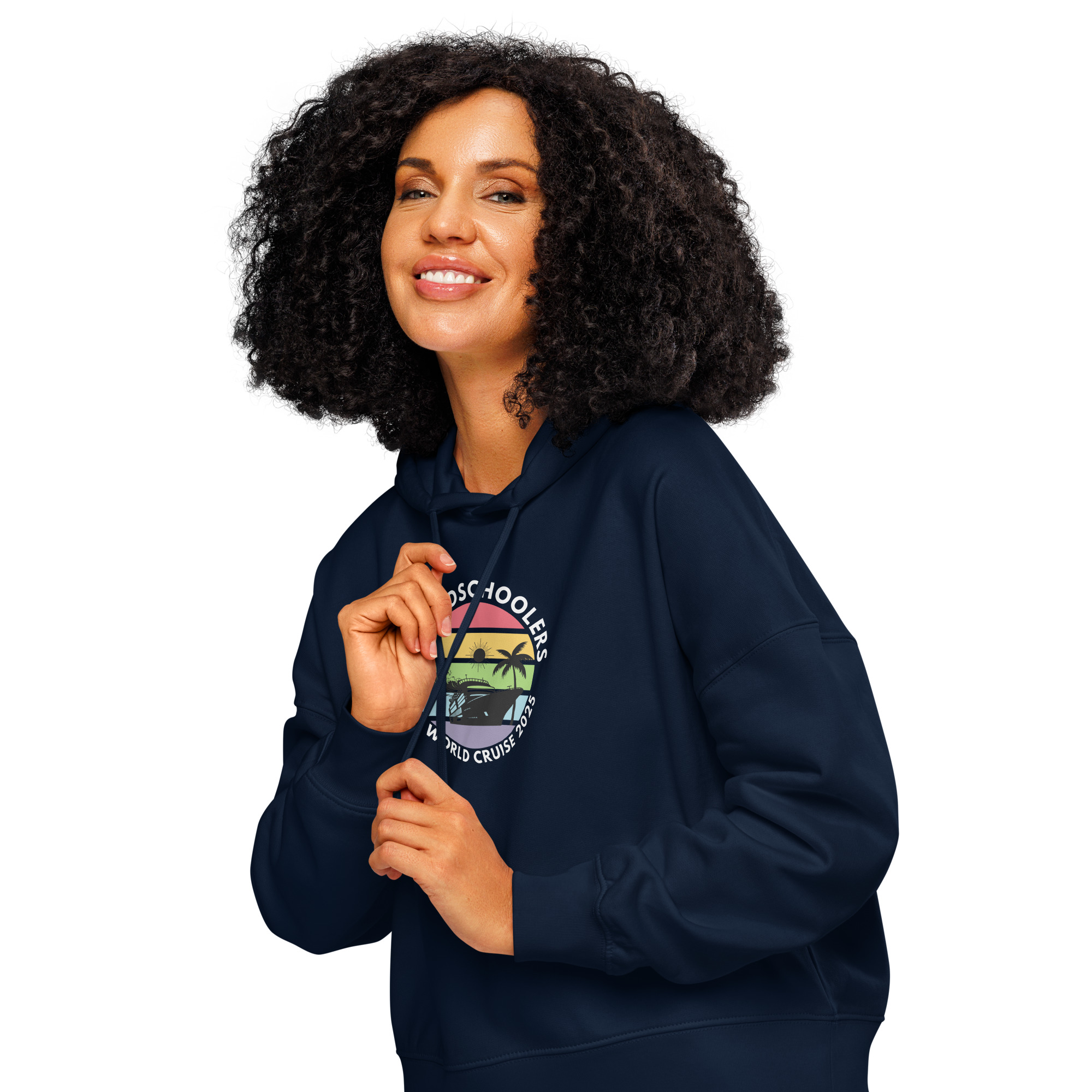 Women’s Organic Hoodie | White Font | Half World Cruise 2025