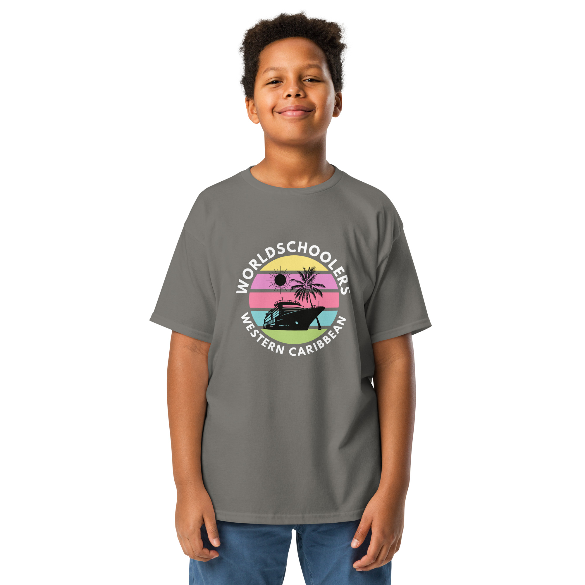 Fun boy's graphic tee featuring a tropical boat and sunset design, perfect for summer or casual wear, inspired by Melody Lane's graphic tees collection.