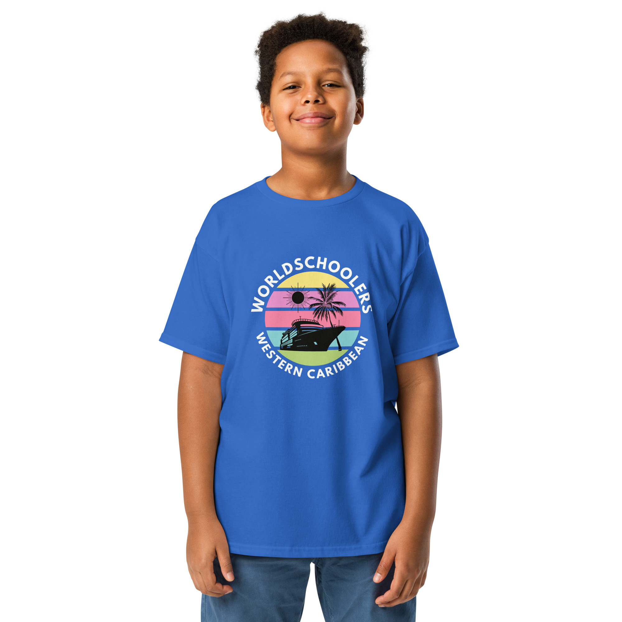 Vibrant blue graphic tee for kids featuring a tropical cruise design with palm trees, sunshine, and yacht, perfect for summer, travel, and fashion enthusiasts aiming for trendy, comfortable casual wear.