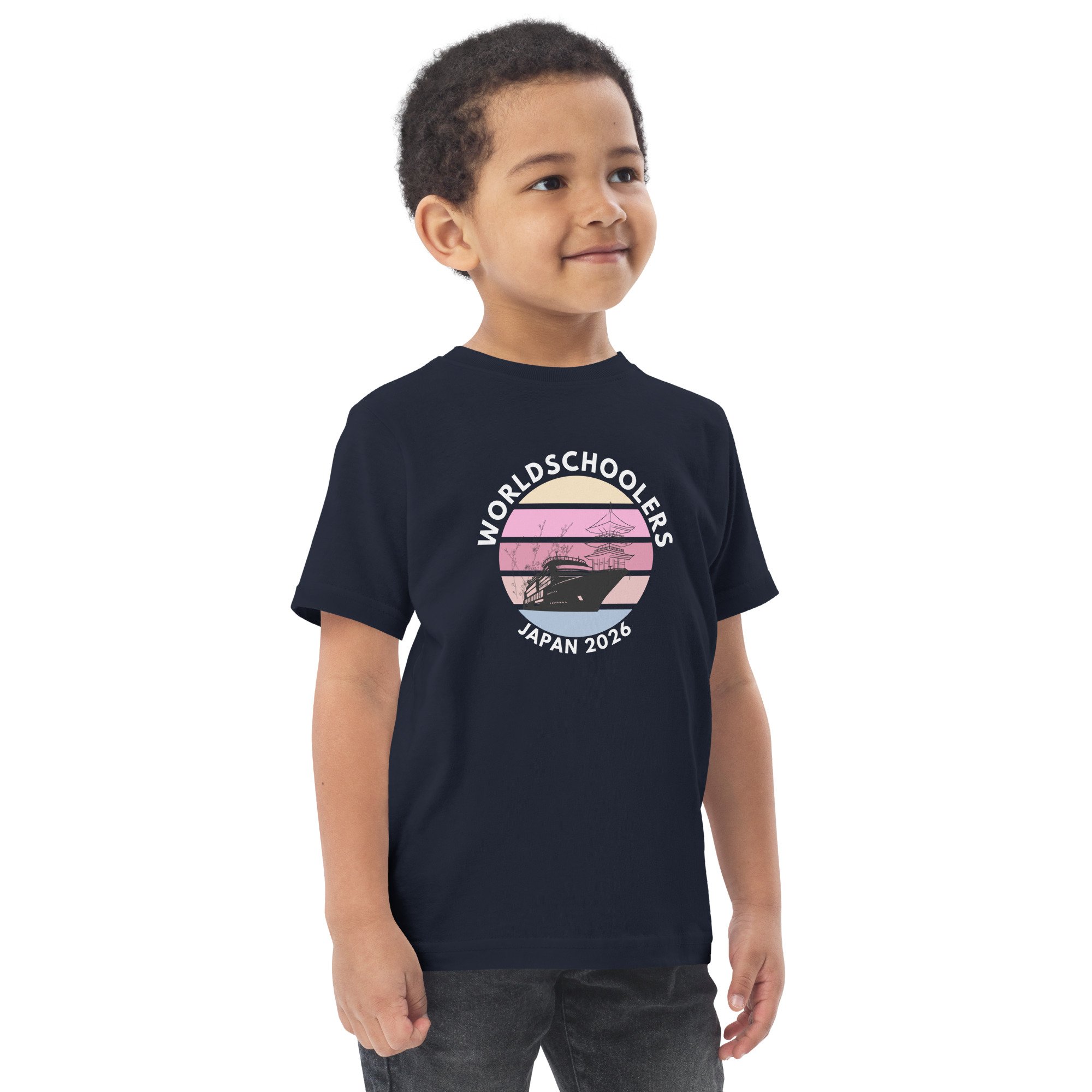 Toddler jersey t-shirt featuring Japan 2026 World Schoolers logo with sunset and car graphic, perfect for kids attending or celebrating the event.