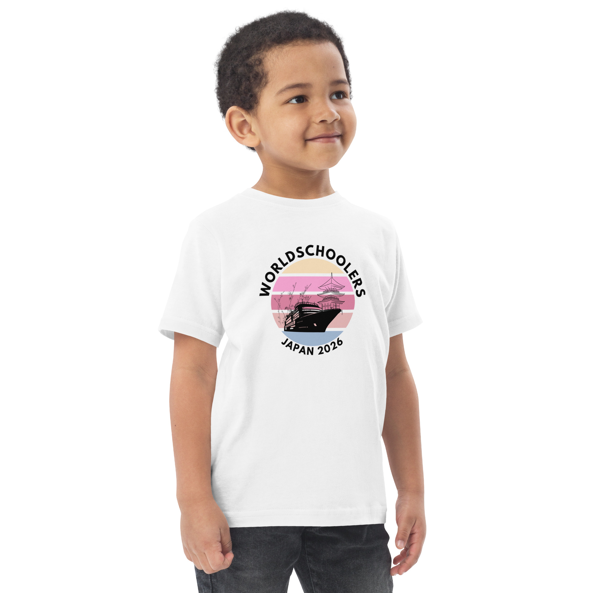 Cute toddler jersey t-shirt featuring Japan 2026 World Schoolers logo with a boat and sunset design. Perfect for young fans of travel and sports events.