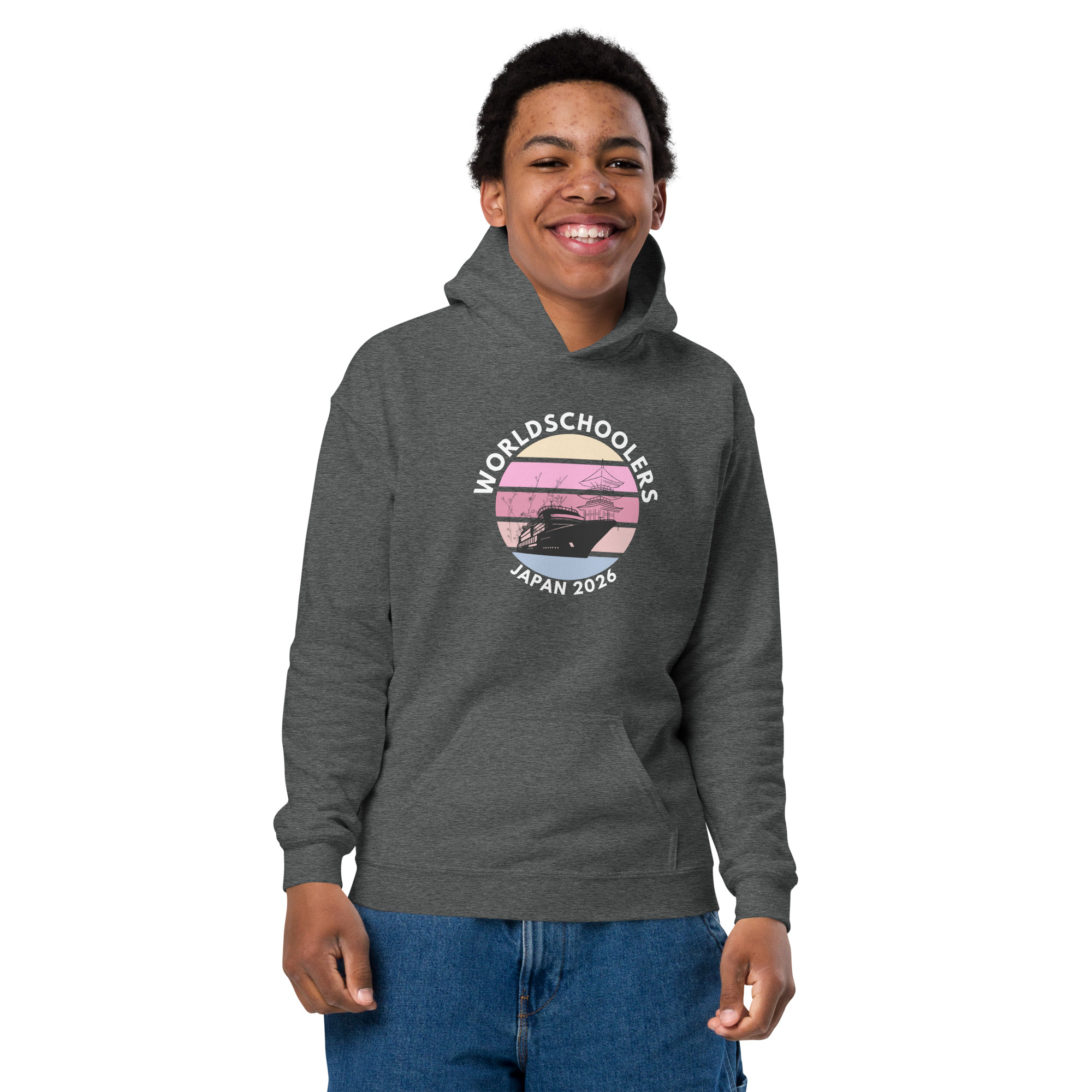 Youth hoodie featuring Japan 2026 World Schools logo, perfect for fans of international sports and youth apparel. Comfortable, stylish, and ideal for casual wear or sports events.
