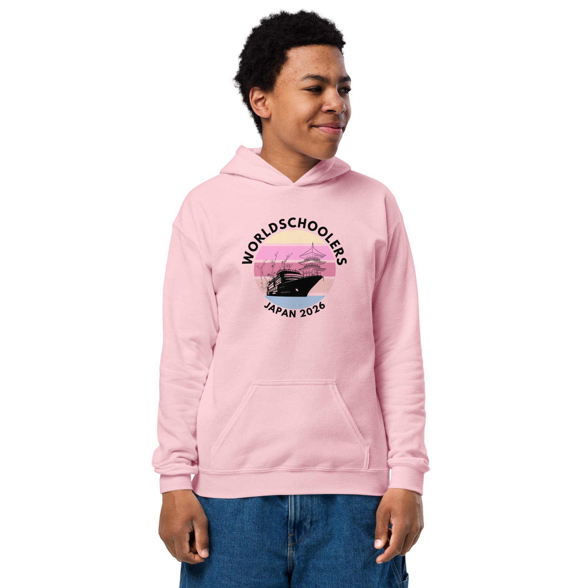 Youth hoodie featuring "World Schoolers Japan 2026" graphic, perfect for fans of travel and youth events. Comfortable pink hoodie with a stylish design for casual wear.