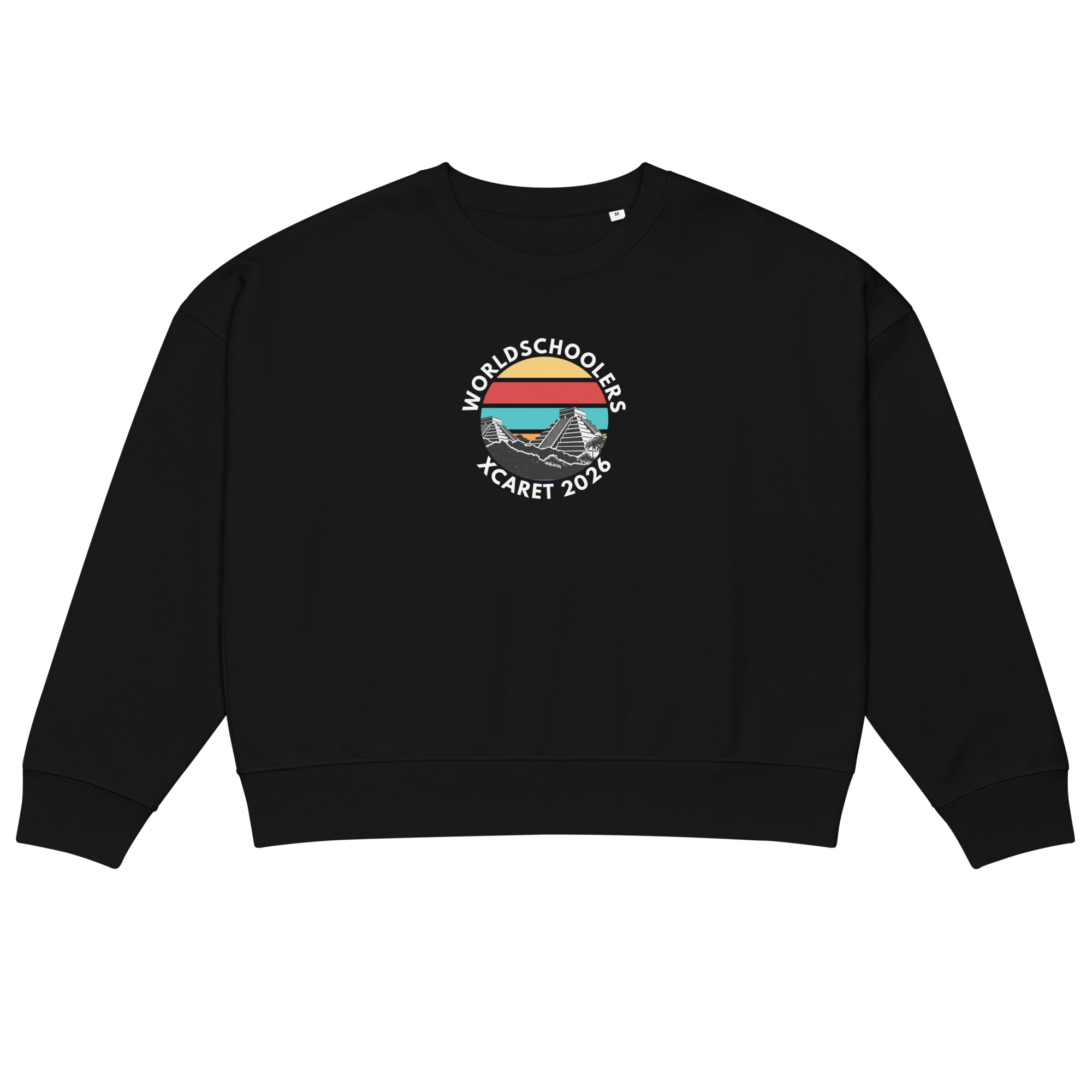 Organic cotton sweatshirt with Xcaret 2026 and World Schoolies logo. Perfect for eco-conscious travelers and event attendees. Comfortable, stylish, and sustainable apparel.