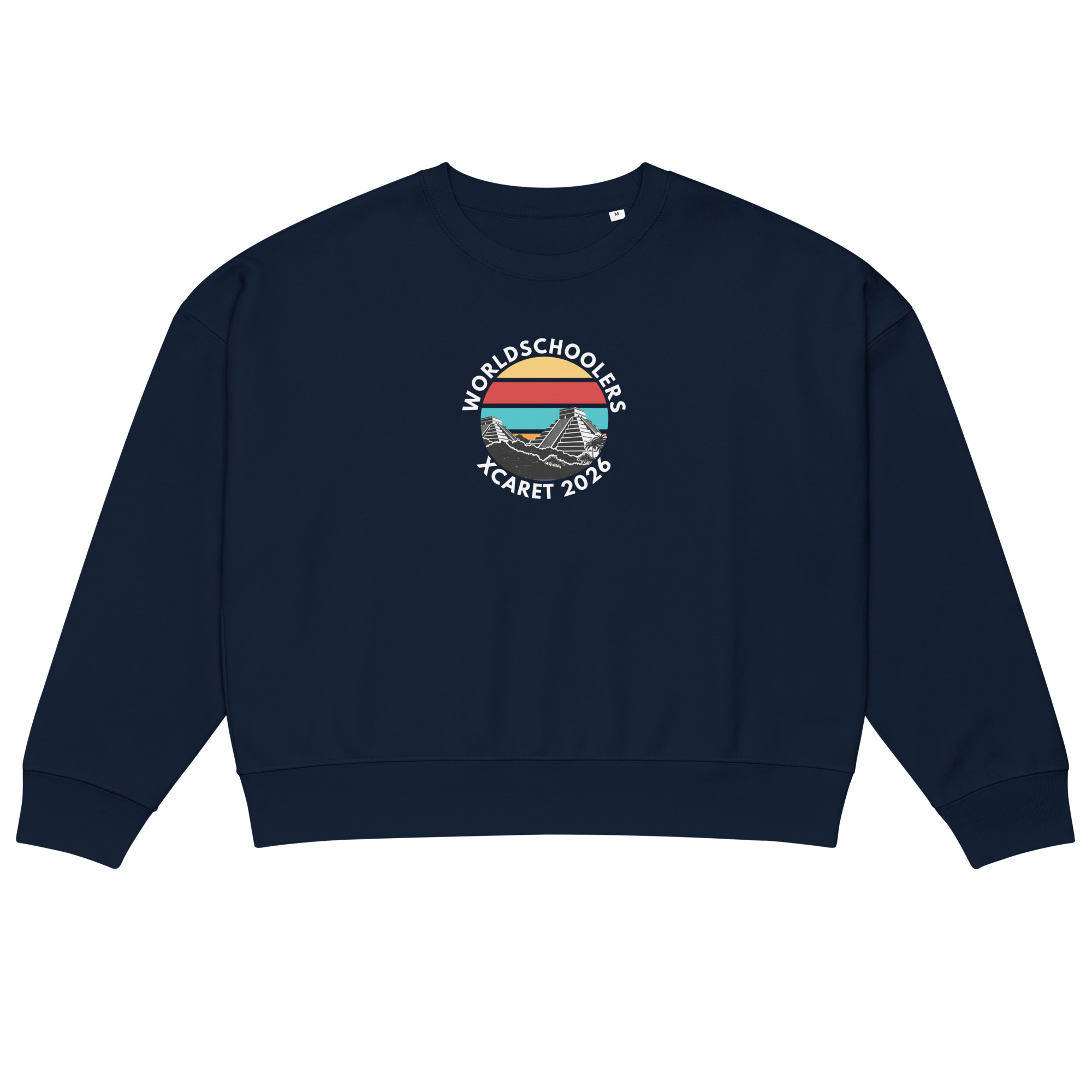 Organic Xcaret 2026 sweatshirt with World Schoolers logo, perfect for eco-conscious fashion.