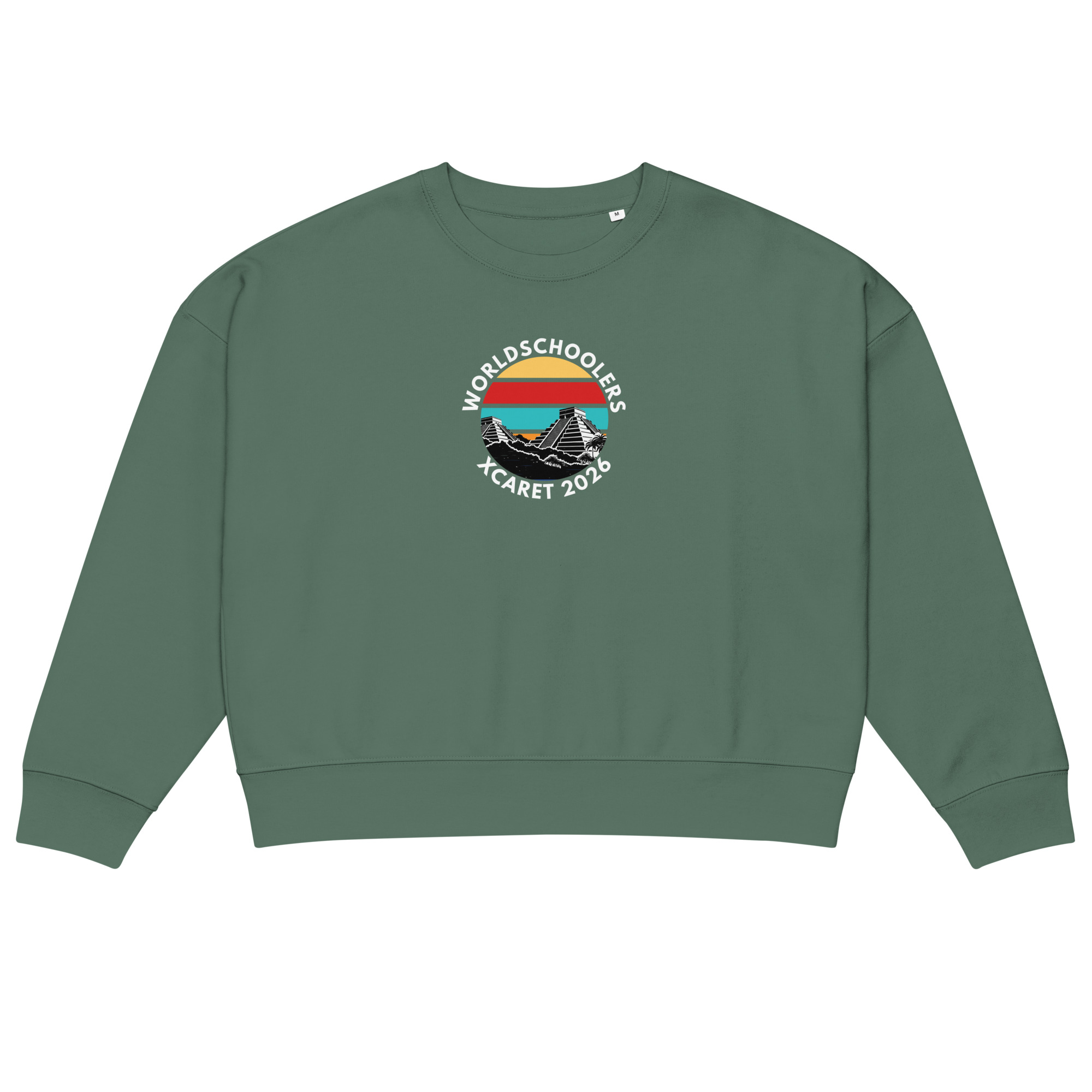 Organic Xcaret 2026 sweatshirt with World School logo.