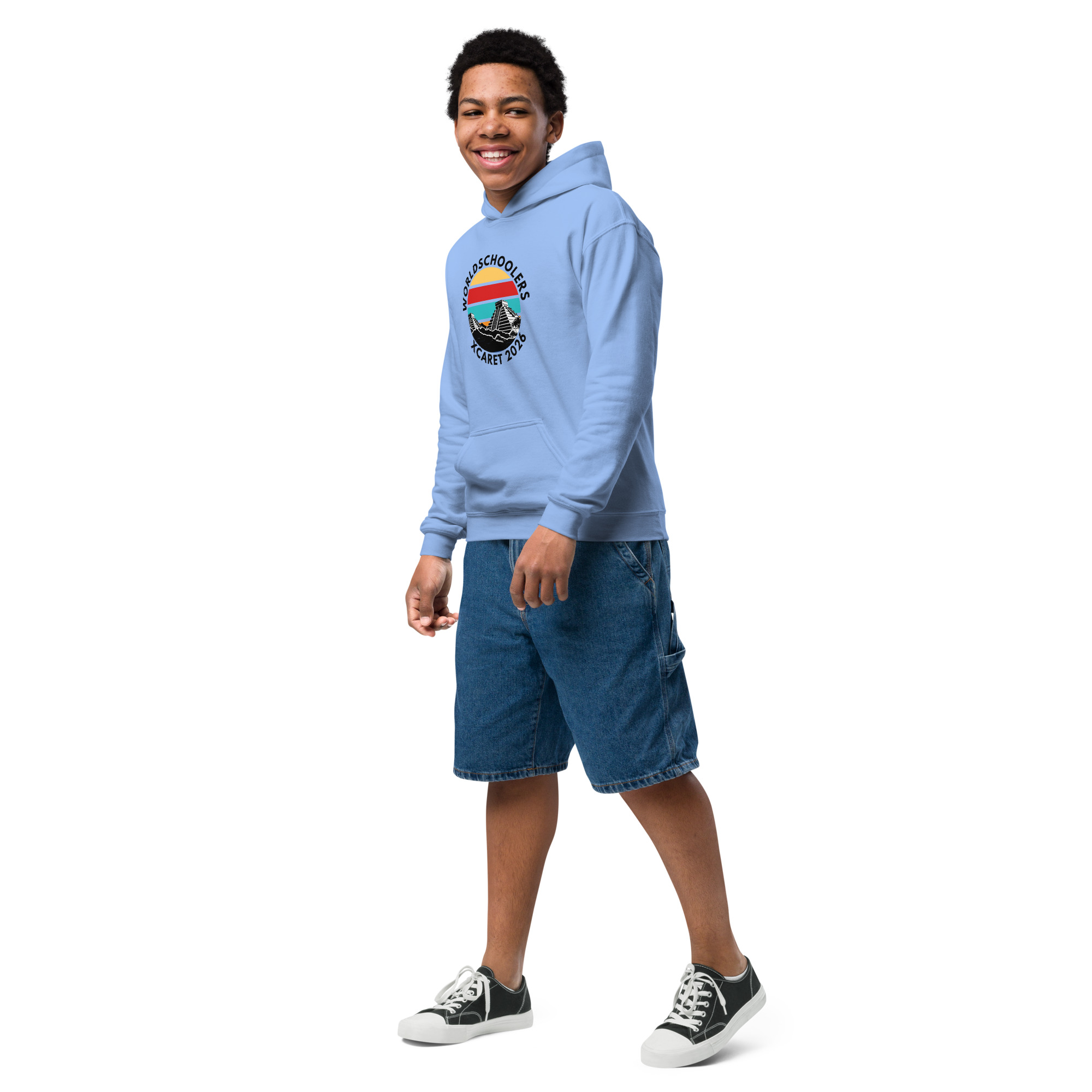 Youth hoodie featuring Xcaret 2026 design, perfect for casual wear and travel souvenirs. Comfortable, stylish, and ideal for young fans of Xcaret attractions and Mexican culture.