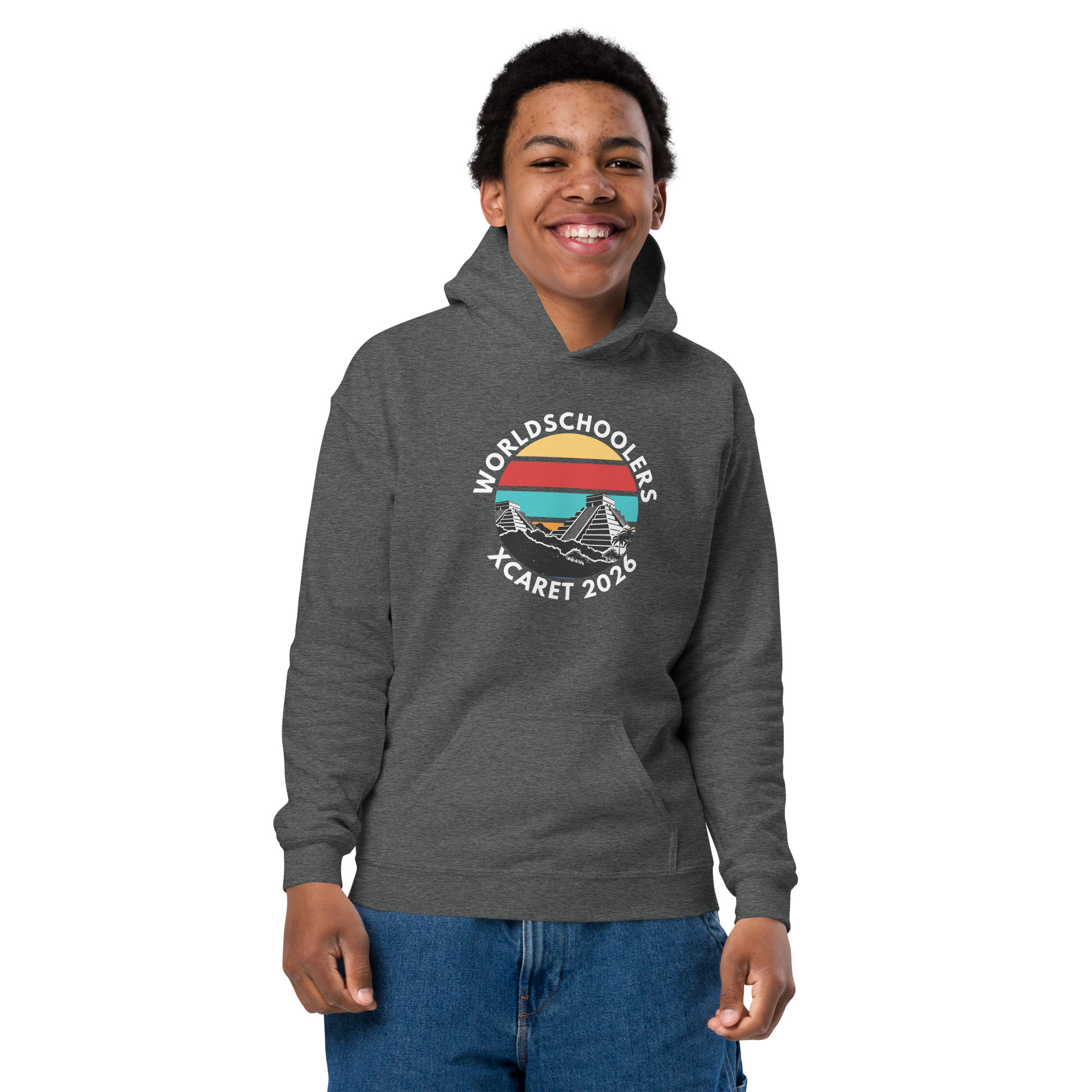 Youth hoodie featuring Xcaret 2026 design, perfect for travel and event fans. Comfortable, stylish, and ideal for kids and teens who love adventure and cultural experiences.