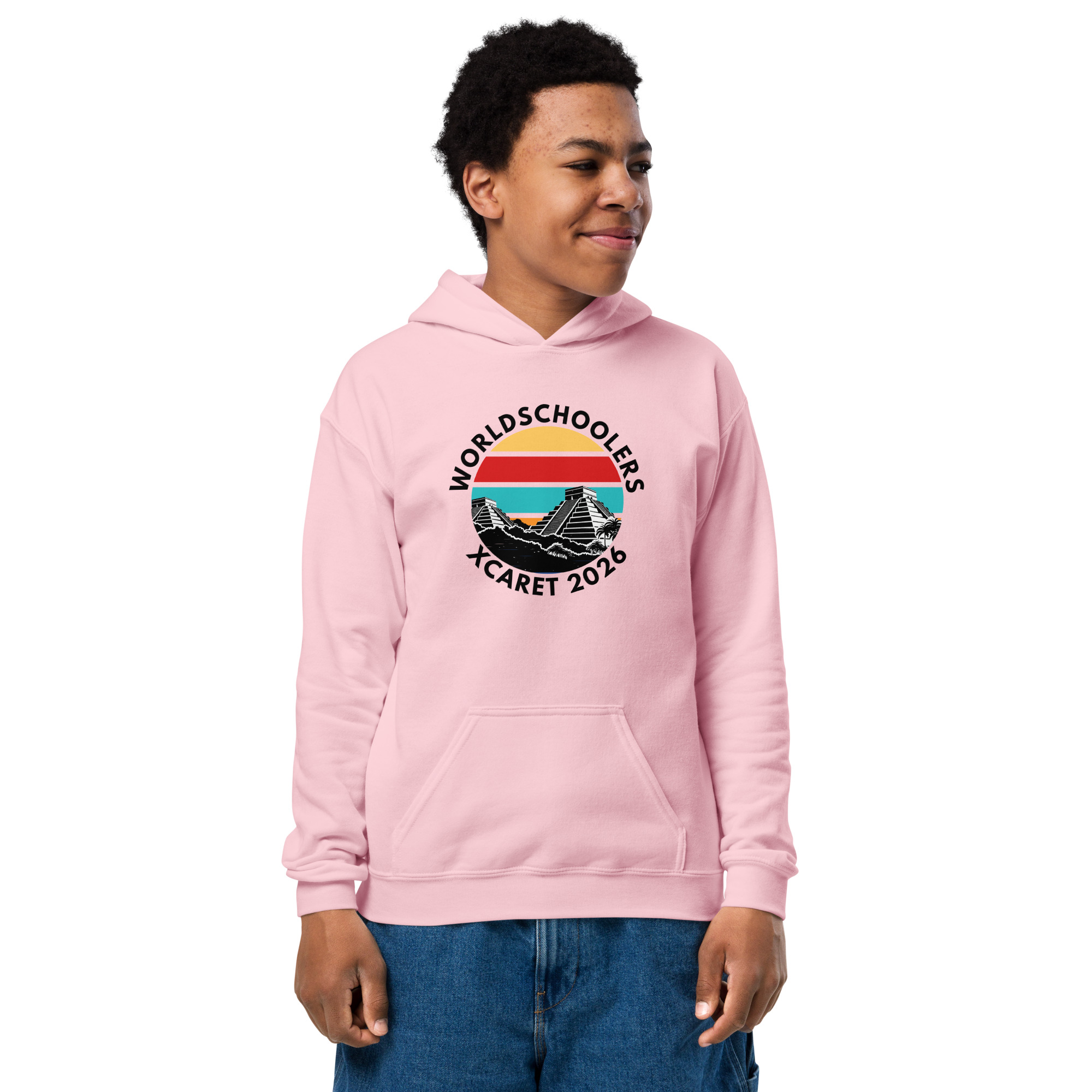 Youth hoodie featuring "Xcaret 2026" and "World Schoolers" logo, perfect for casual wear and school events.
