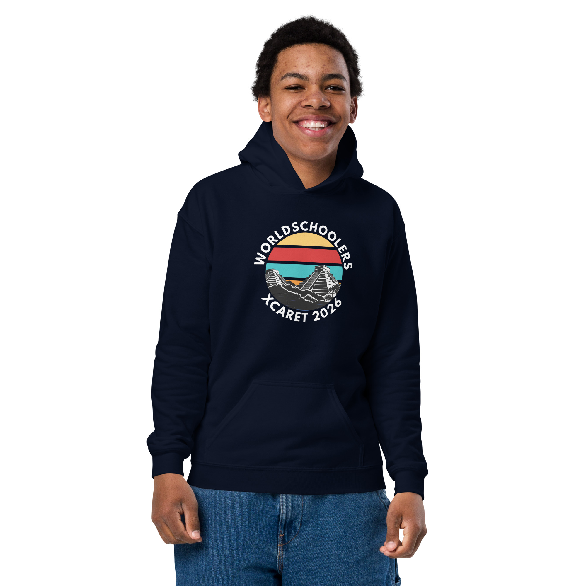 Youth hoodie featuring "Xcaret 2026" and "World Schools" logo, perfect for casual wear and school events.