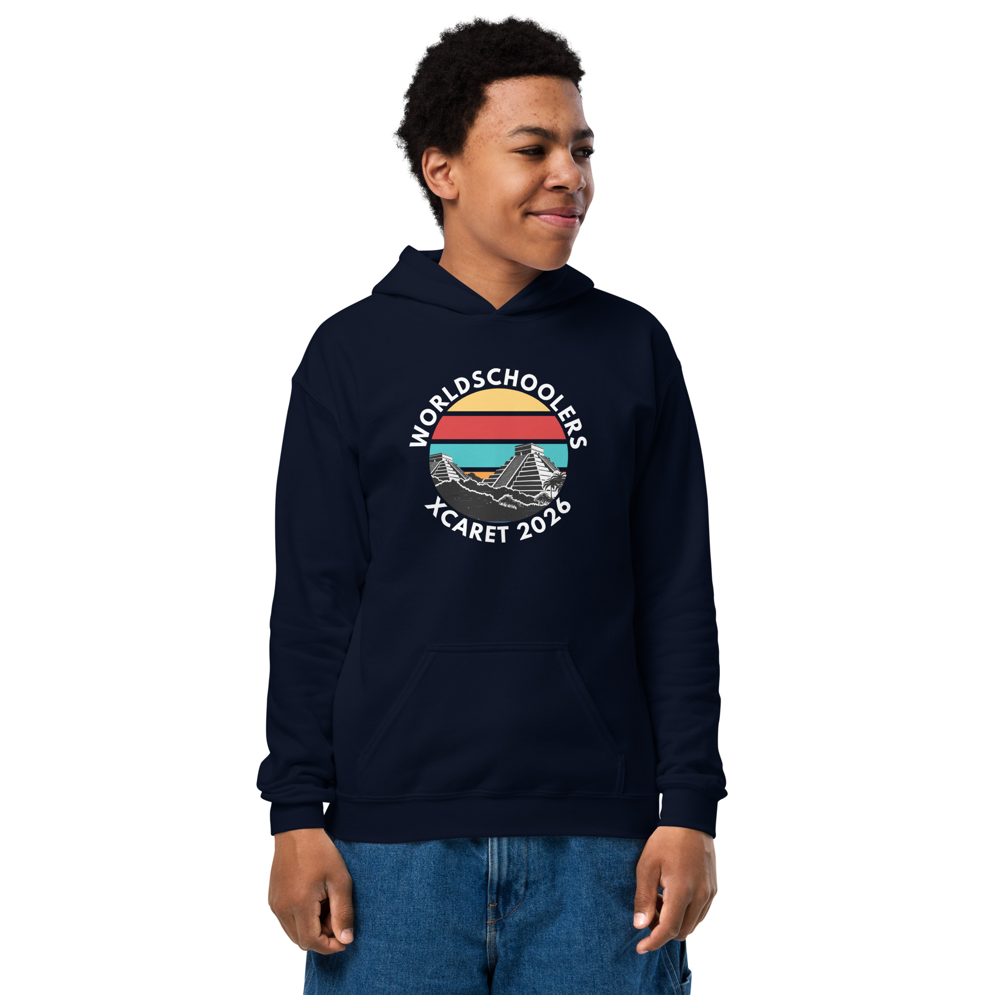 Youth hoodie featuring "Xcaret 2026" and "World Schoolers" logo, perfect for travel and event enthusiasts. Comfortable, stylish, ideal for casual wear and youth activities.
