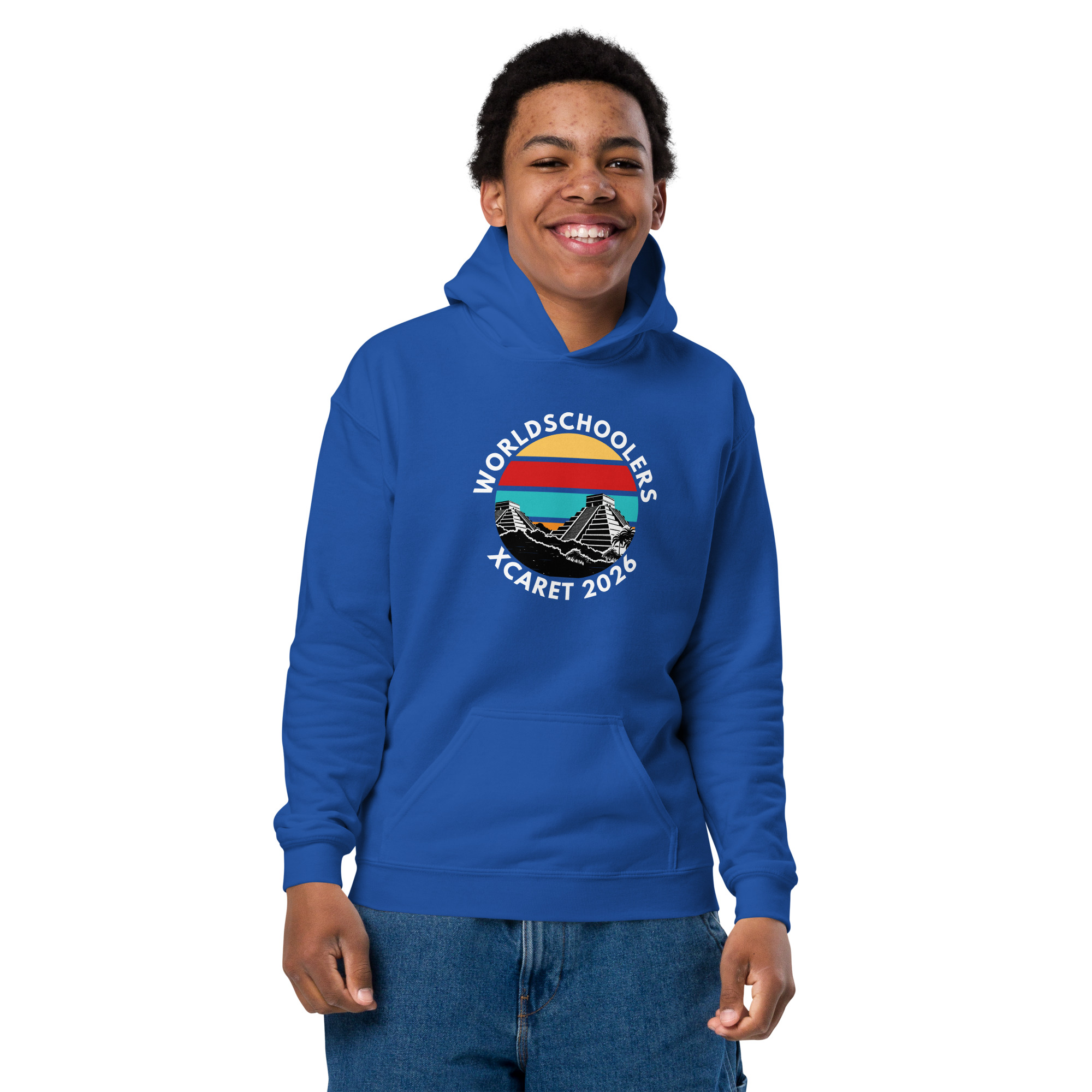 Youth wearing a blue Xcaret 2026 hoodie with "World Schools" logo, promoting travel and cultural education for students.