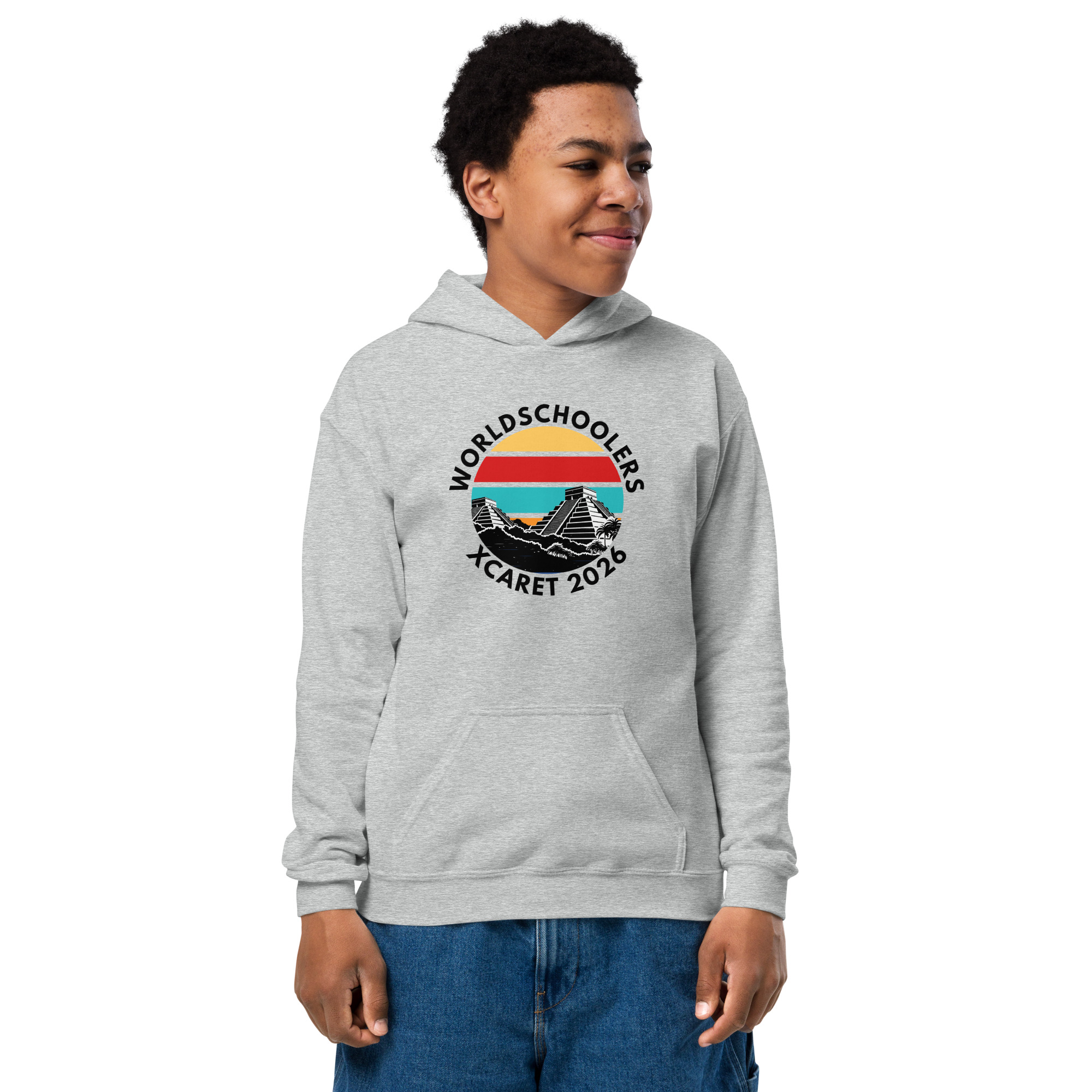 Youth hoodie featuring "Xcaret 2026" and "World Schoolers" logo, perfect for travel and adventure enthusiasts. Comfortable, stylish, and ideal for casual wear or school events.