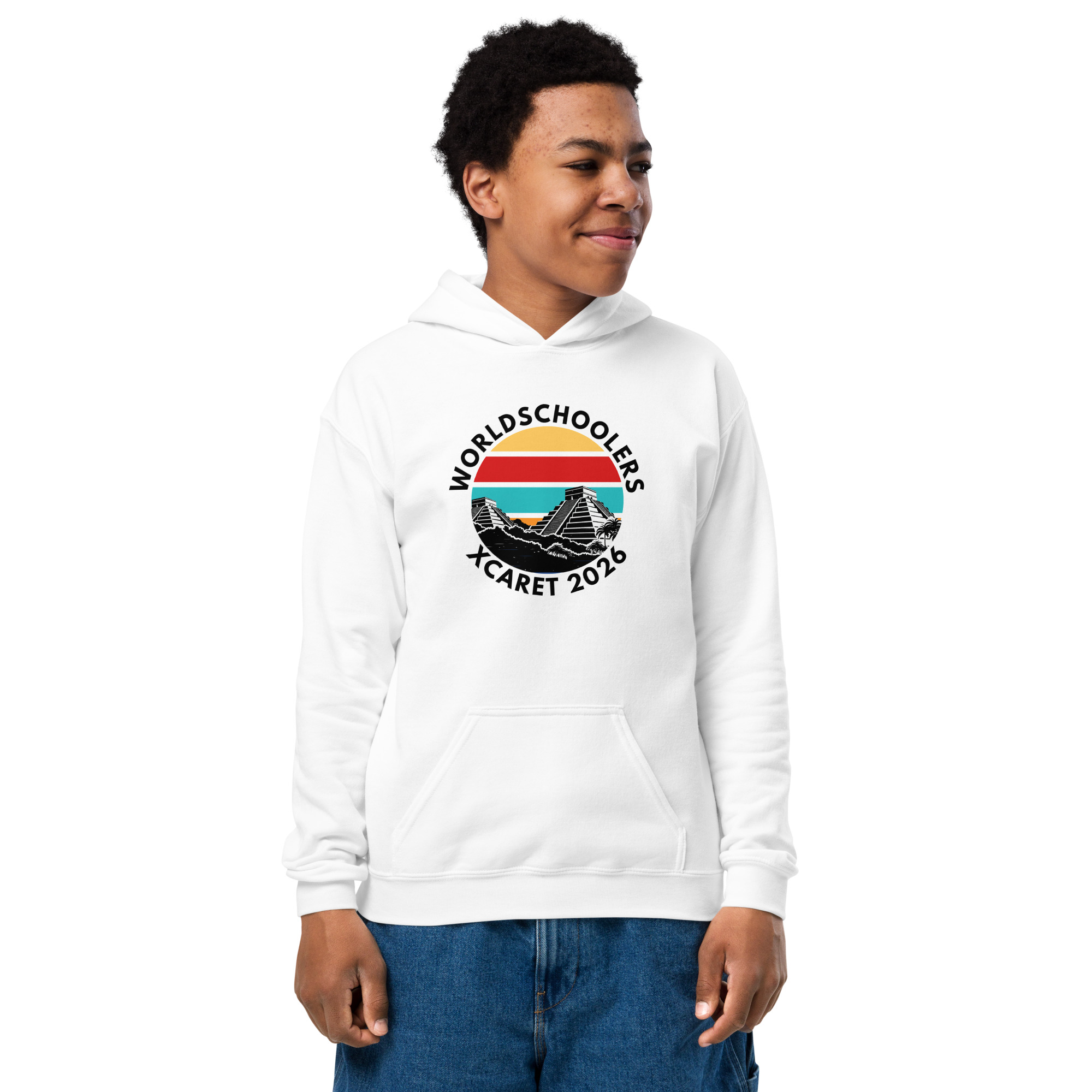 Youth hoodie featuring "Xcaret 2026" and "World Schoolers" logo, perfect for travel and event fans. Comfortable, stylish hoodie for young explorers and supporters of Xcaret 2026.