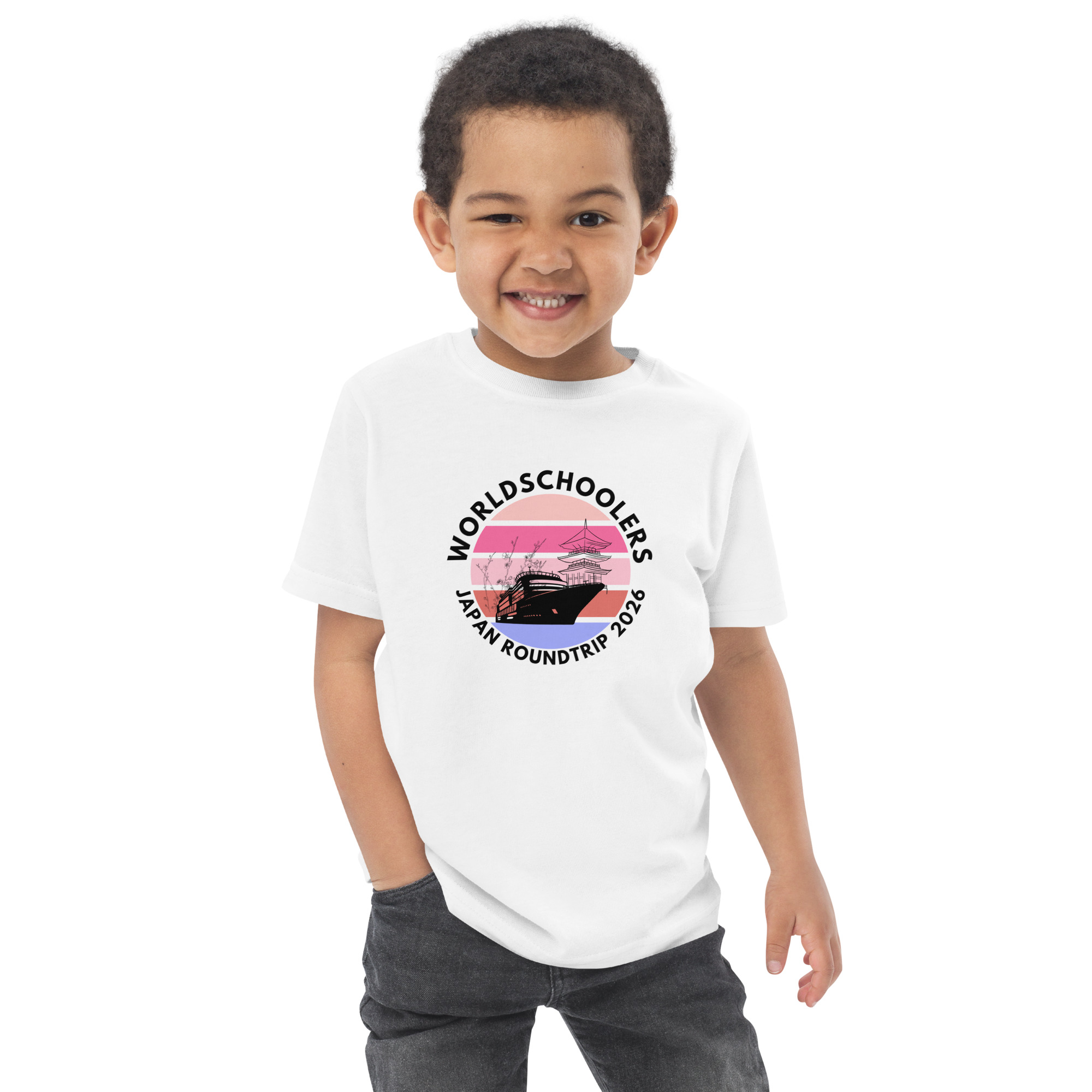 Cute toddler wearing a Japan roundtrip graphic tee for 2026. Perfect for travel-themed kids' fashion, featuring a fun design with a ship and Japan map.