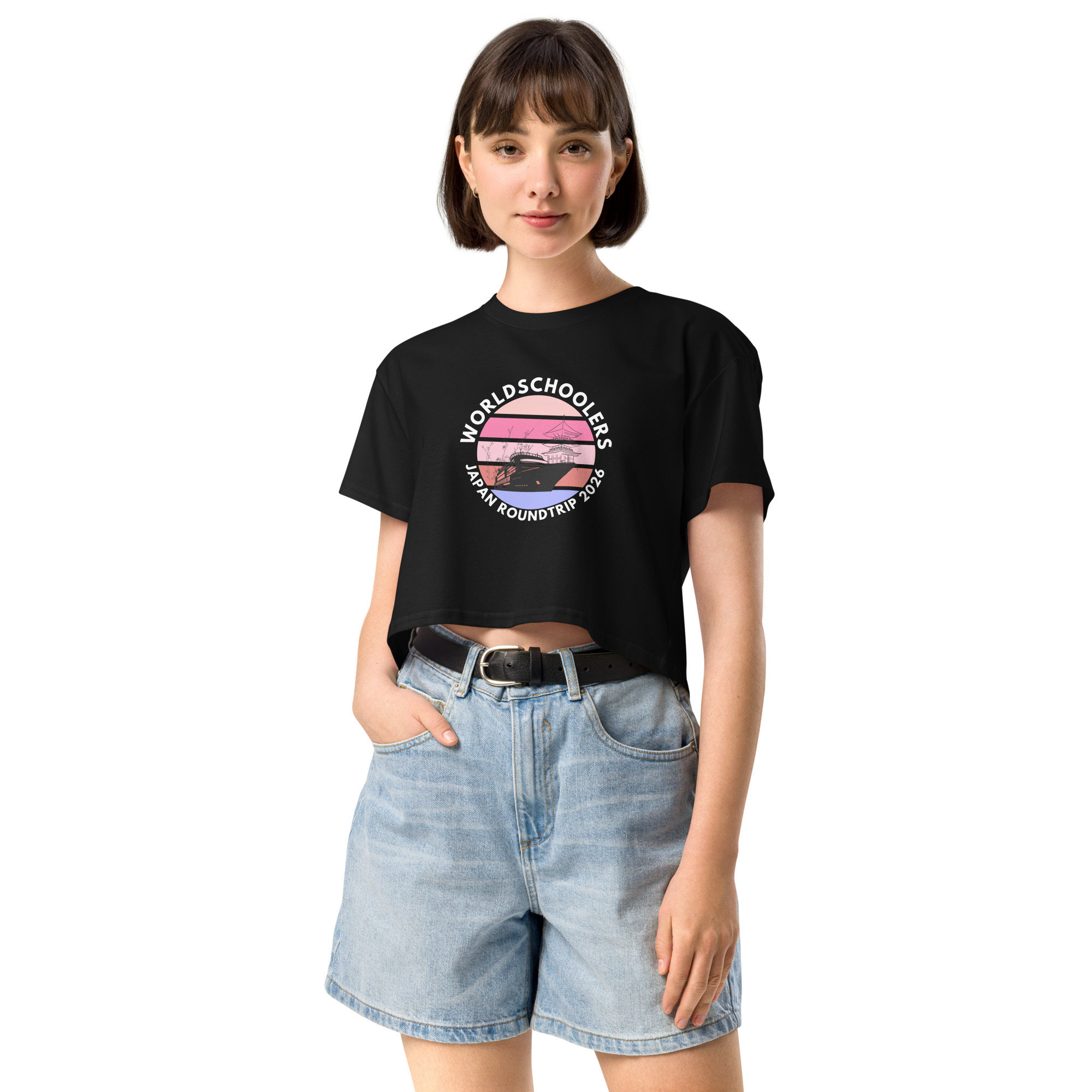 Women's black crop top featuring a Japan roundtrip graphic design, perfect for travel enthusiasts and casual wear.