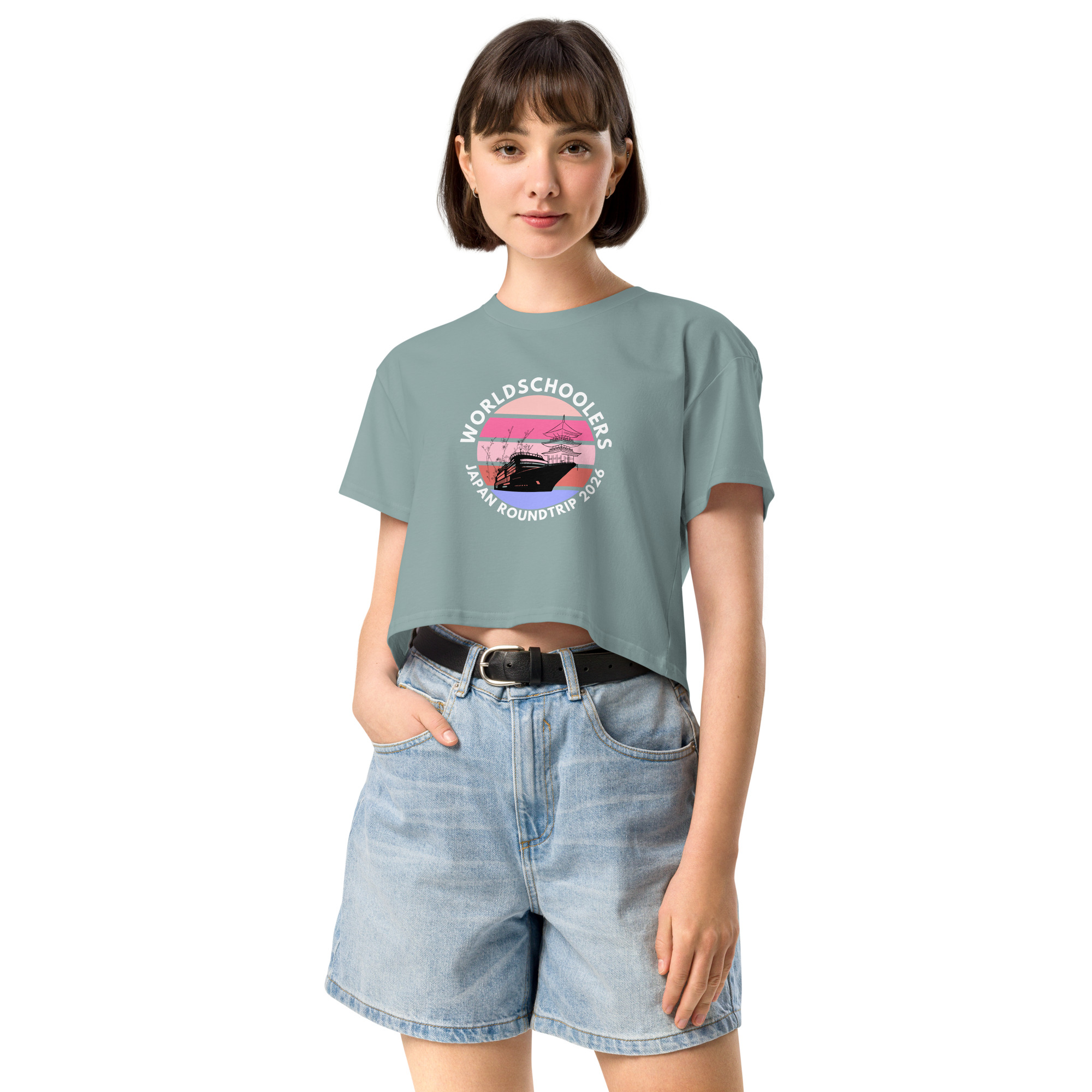 Women's crop top featuring a Japan roundtrip graphic design, perfect for travel enthusiasts and casual wear. Made from soft, comfortable fabric, ideal for summer outings.