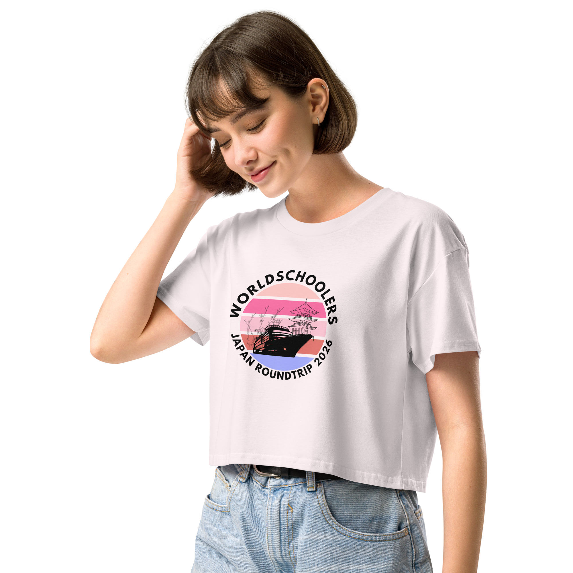 Women's white crop top featuring a Japan roundtrip graphic design, perfect for travel enthusiasts and casual wear. Made from comfortable fabric, ideal for summer trips and everyday style.