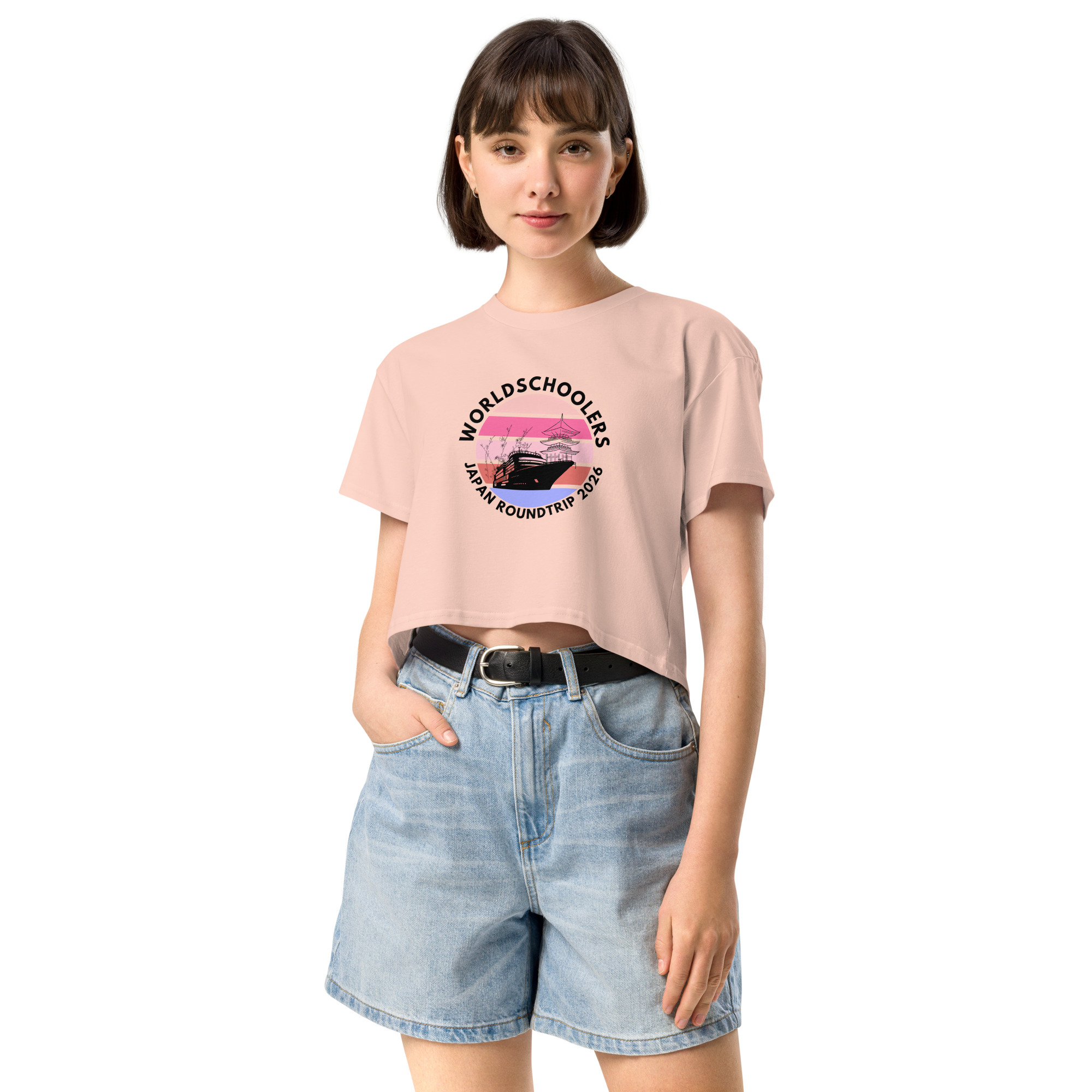 Women's crop top featuring a Japan roundtrip graphic design, perfect for travel enthusiasts and fans of Japanese culture. Casual and stylish for everyday wear.