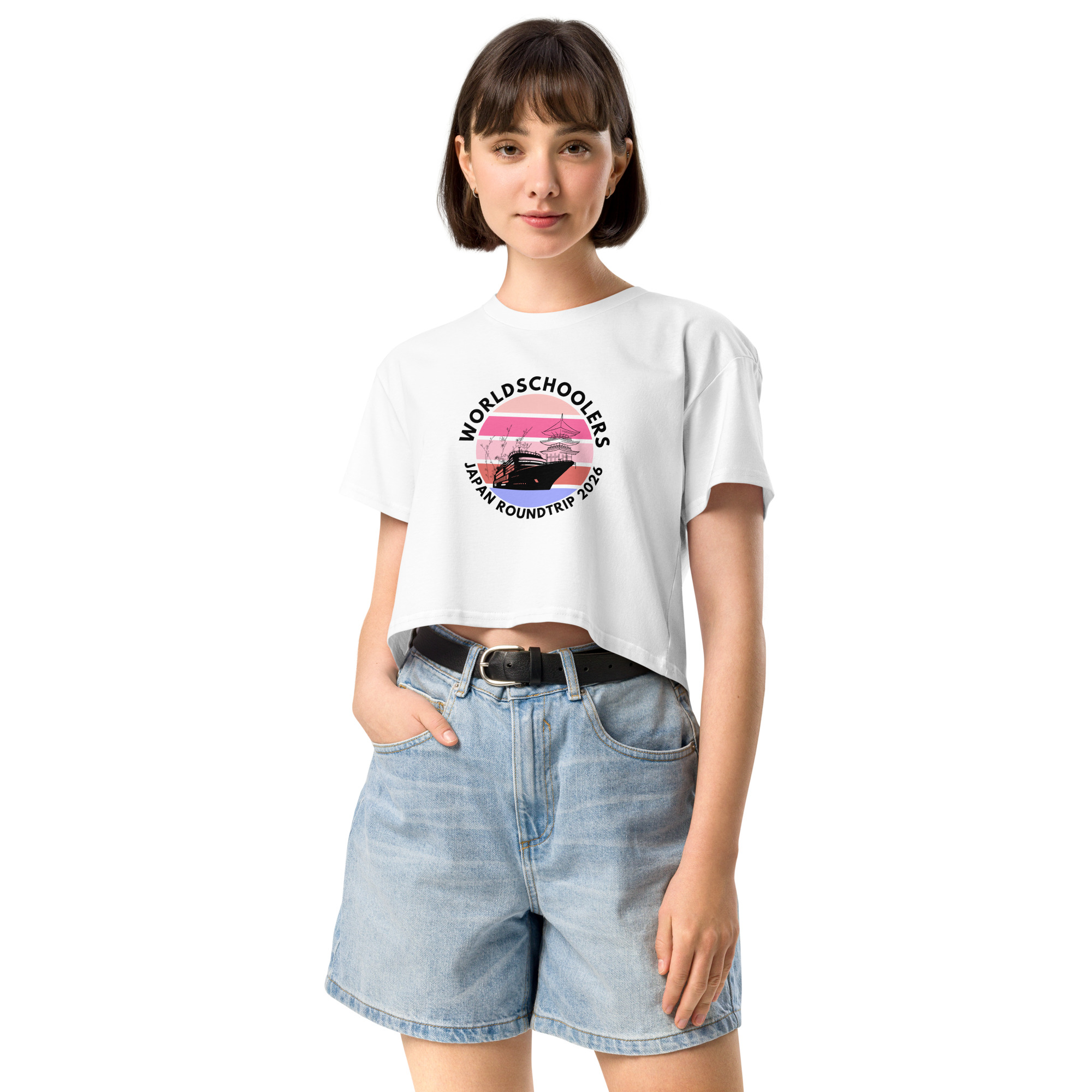 Women's crop top featuring a Japan roundtrip graphic design, perfect for travel enthusiasts and fans of Japanese culture. Casual and stylish for everyday wear.