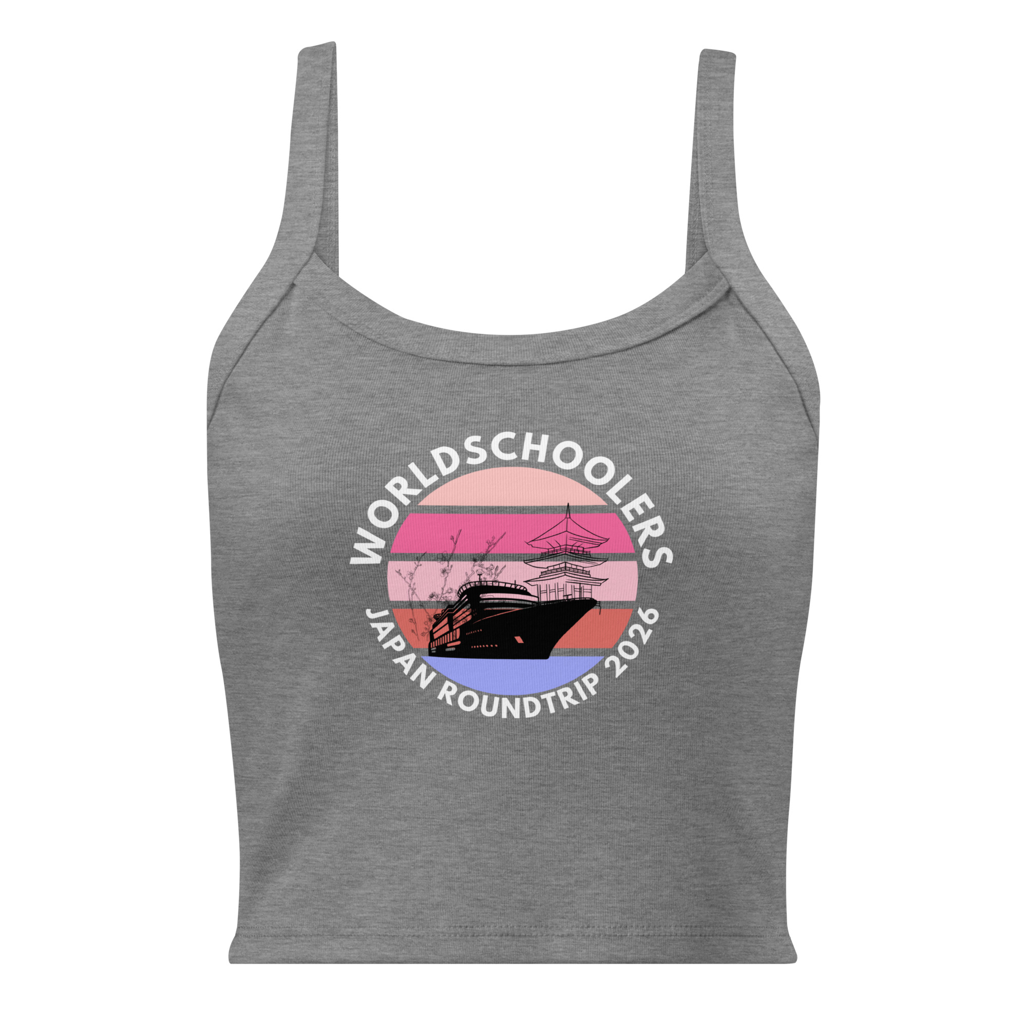 Women's tank top featuring a Japan roundtrip 2026 design with a ship and sunset graphic, perfect for travel enthusiasts and fans of Japanese culture.
