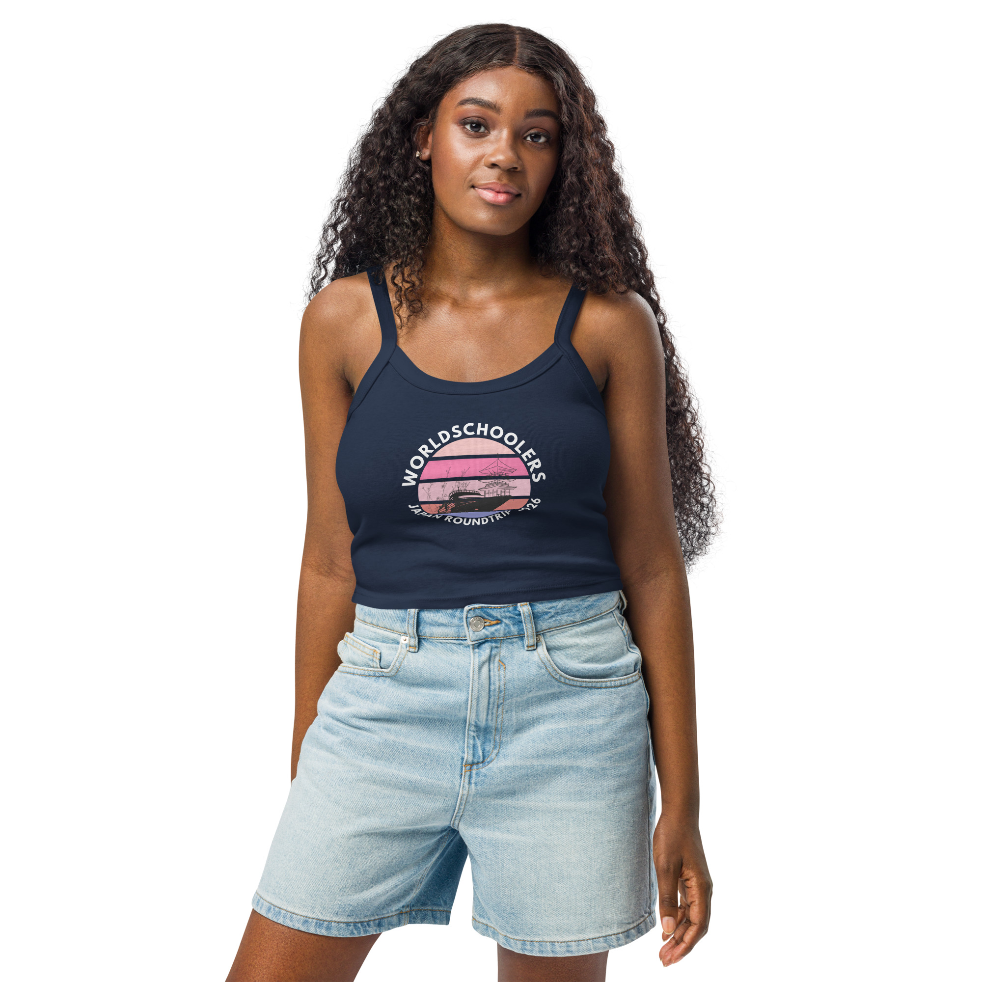 Women's navy tank top featuring a "World Schoolers" graphic design, perfect for travel and casual wear, inspired by Japan roundtrip 2026 theme.