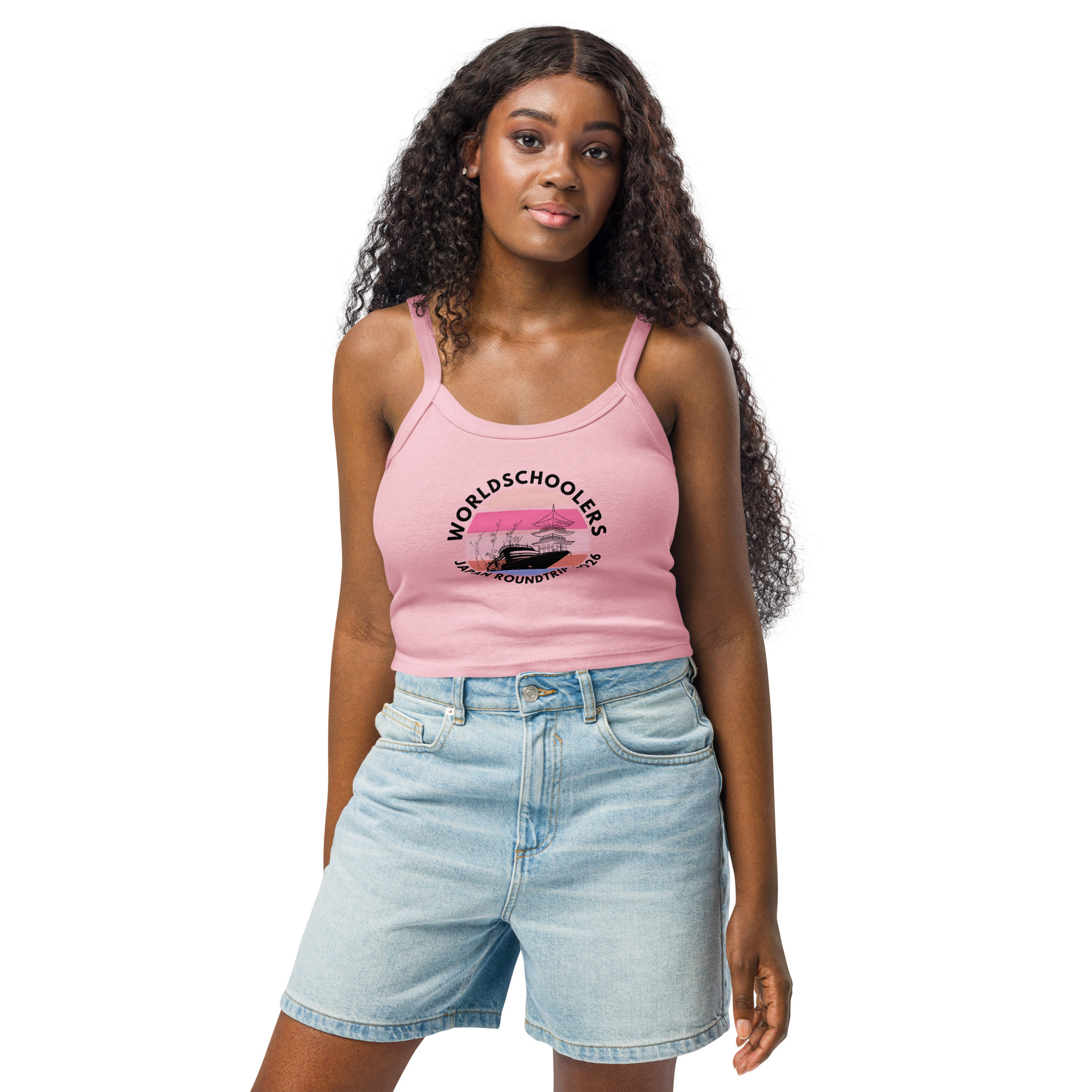 Women's pink tank top featuring a Japan roundtrip graphic design, perfect for travel enthusiasts and fans of Japanese culture. Comfortable and stylish for summer wear.