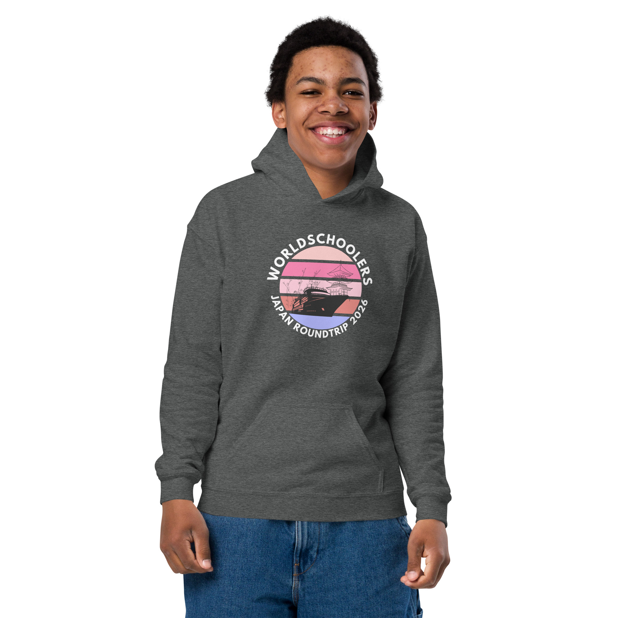 Comfortable youth hoodie featuring Japan roundtrip 2026 graphic design. Perfect for travel enthusiasts and fans of Japanese culture.