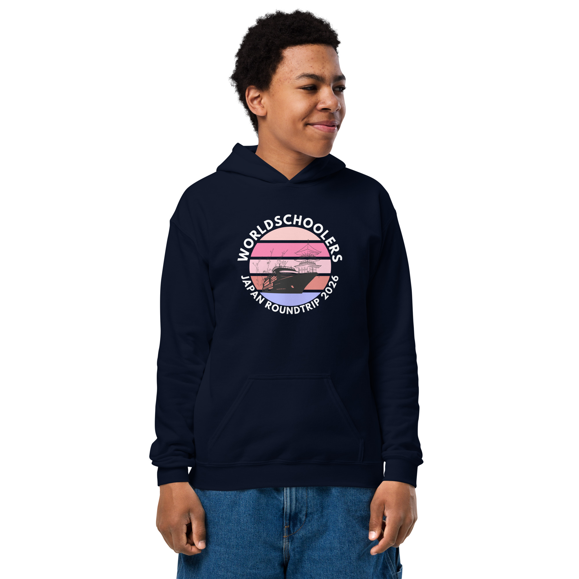 Youth hoodie featuring a Japan roundtrip graphic design, perfect for travel enthusiasts and students. Comfortable heavy blend hoodie with vibrant Japan-themed print.