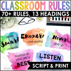 Rainbow Watercolor Classroom Rules Posters - Script & Print Fonts Class Decor